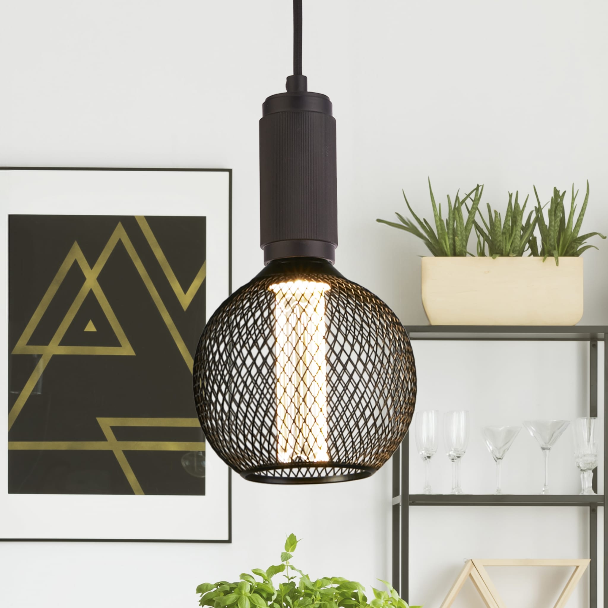 Wire Mesh Effect Globe Lamp - Black Metal