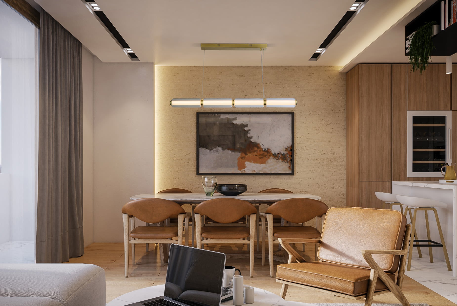 Mod LED Pendant, Satin Brass Metal, Opal Acrylic & Clear Gla
