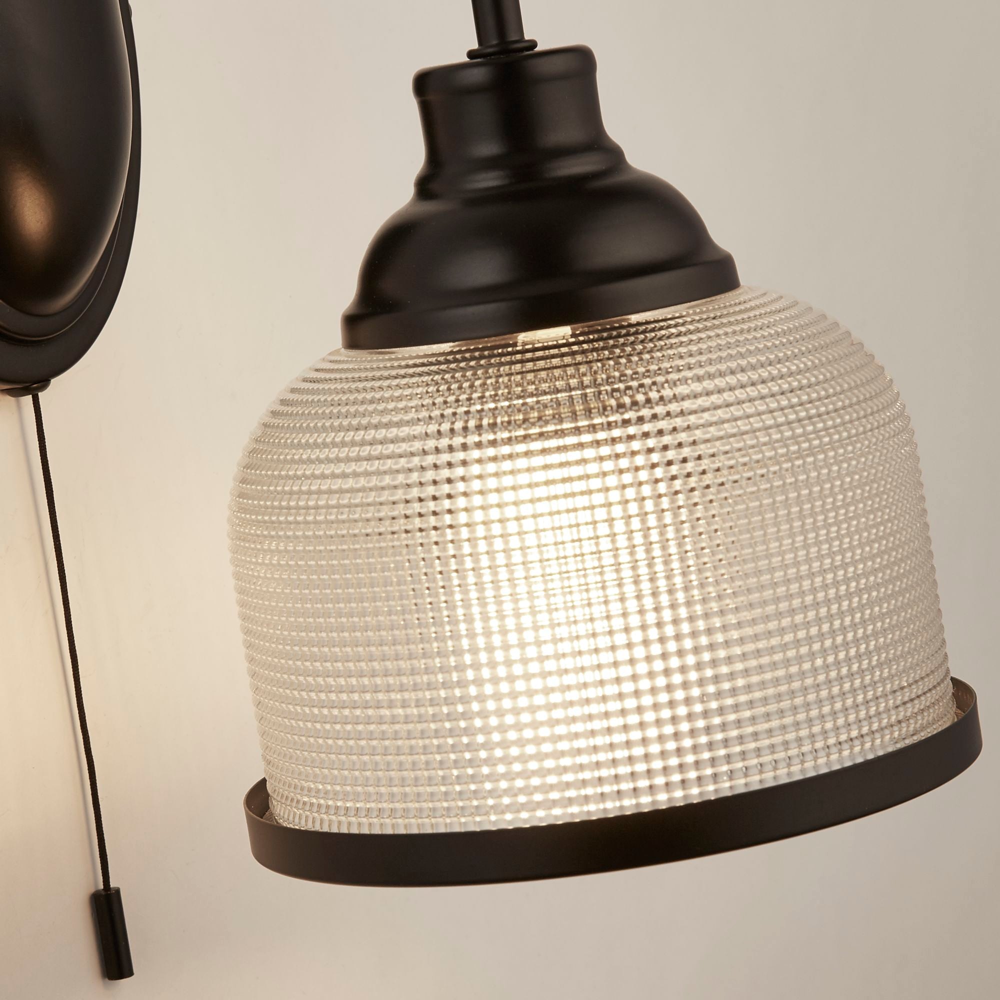 Highworth Wall Light- Matt Black Metal,Holophane Style Glass