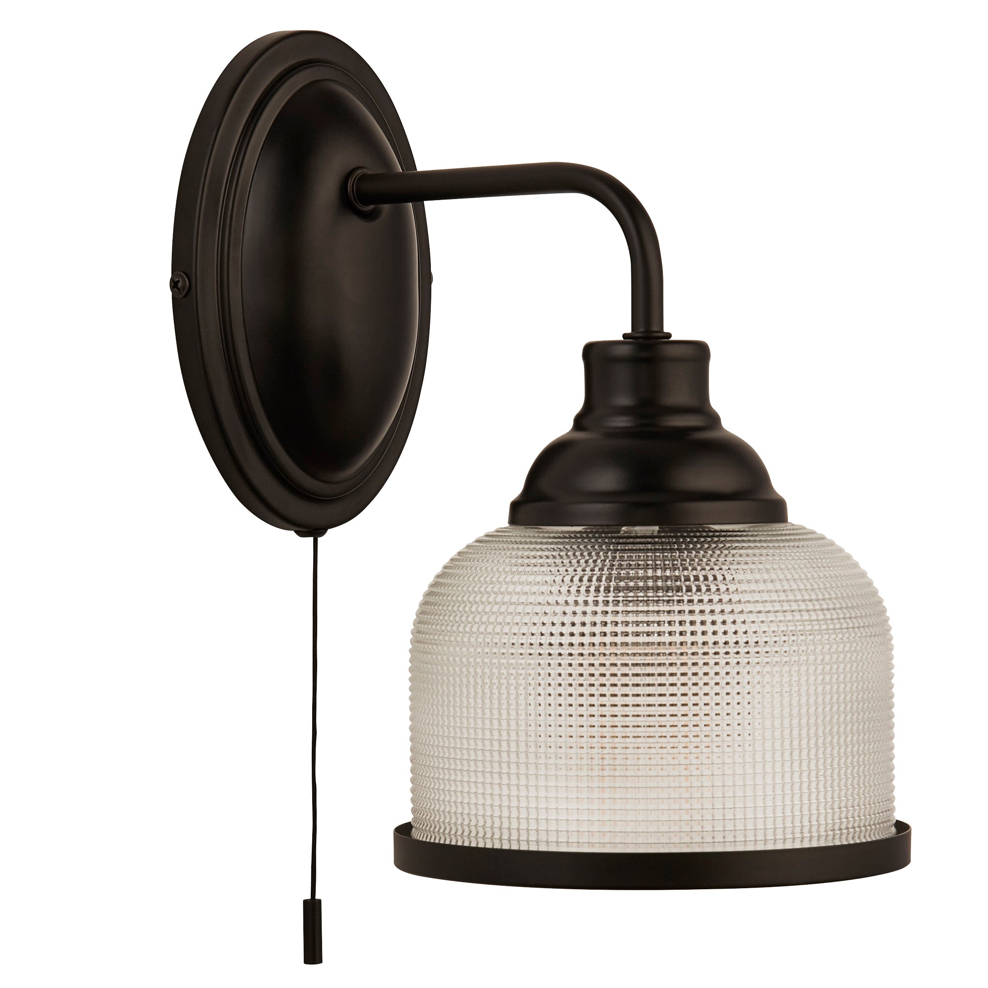 Highworth Wall Light- Matt Black Metal,Holophane Style Glass