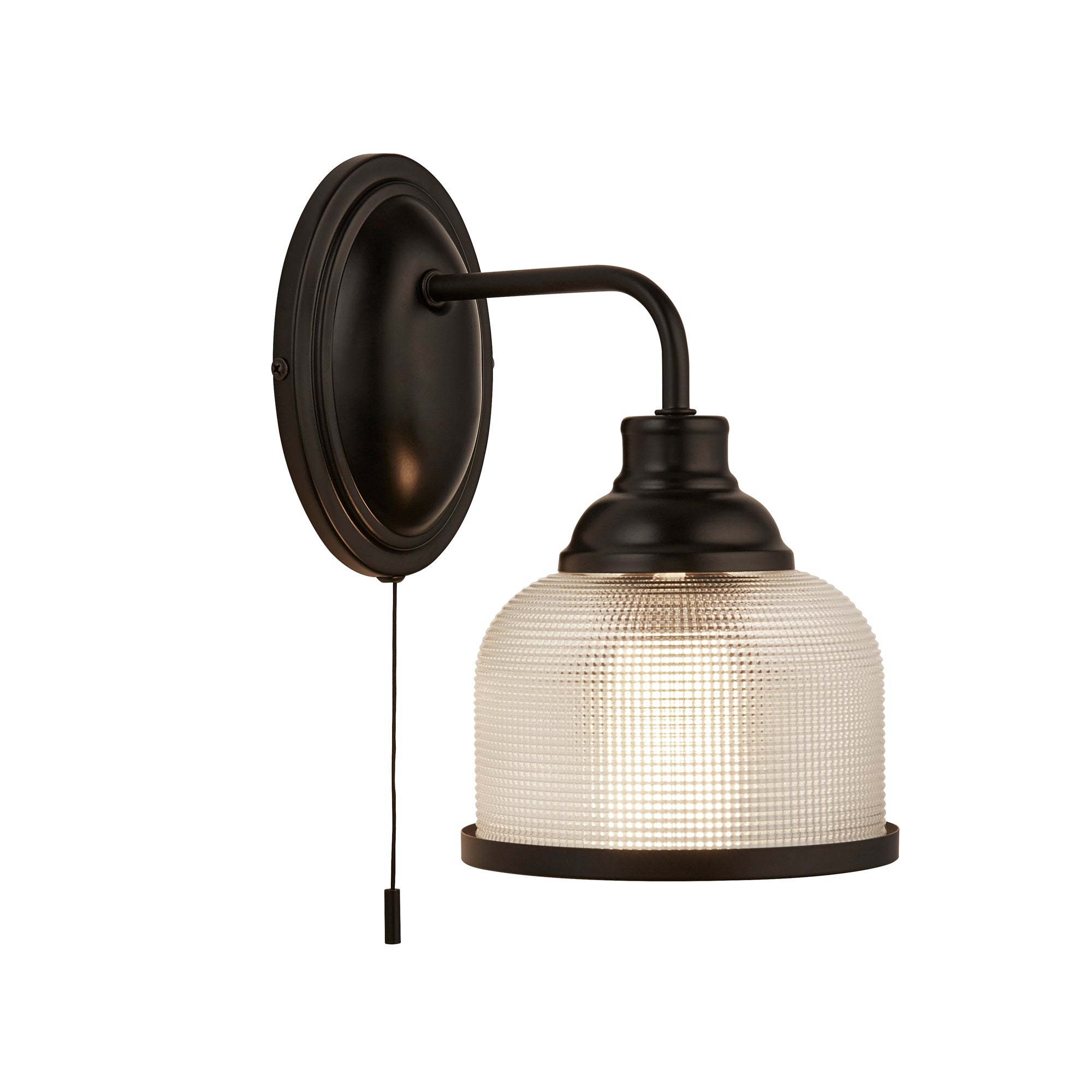 Highworth Wall Light- Matt Black Metal,Holophane Style Glass