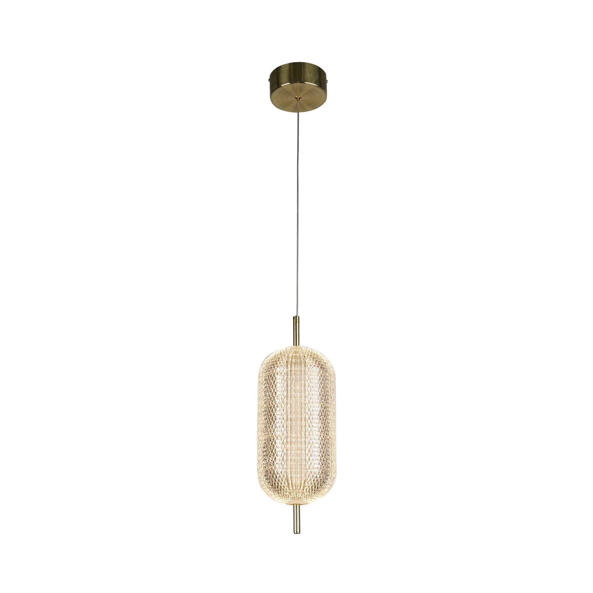 Capsule LED Pendant, Satin Brass Metal and Acrylic Shade