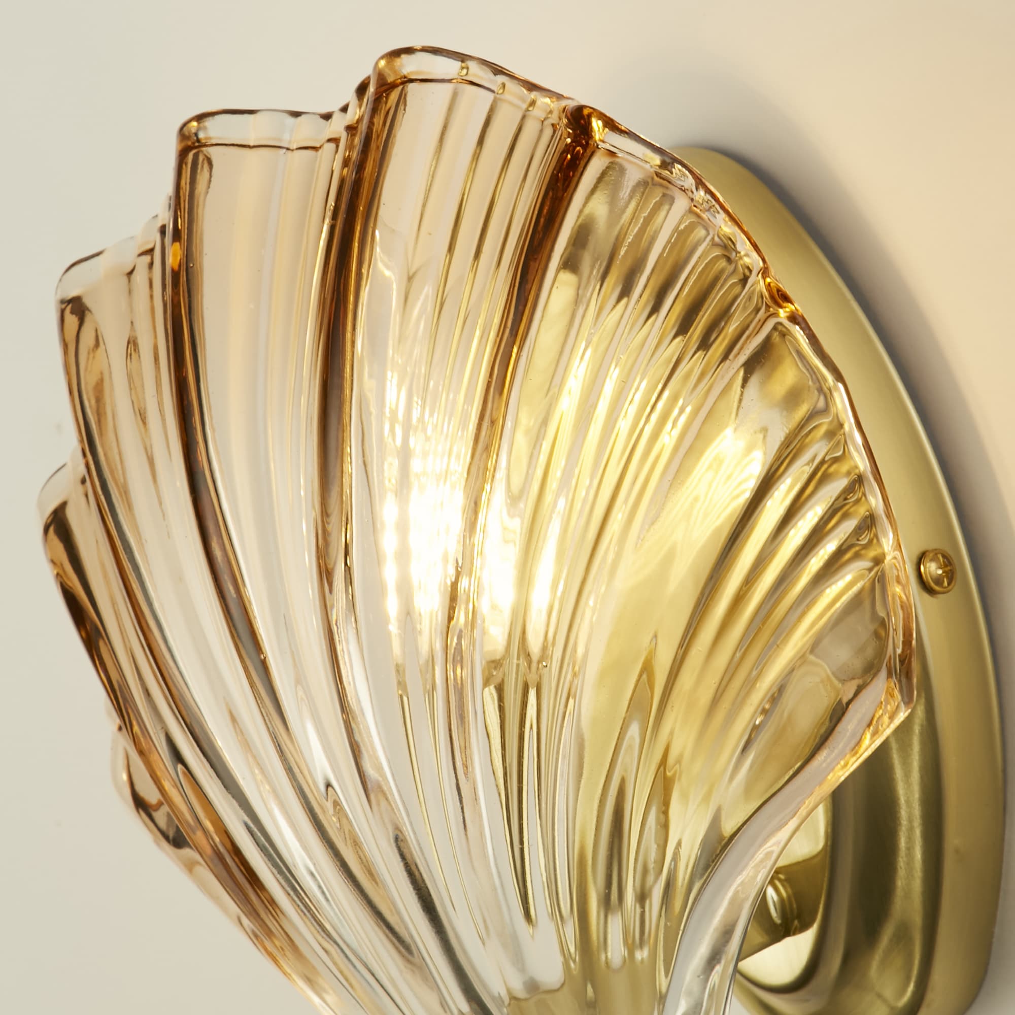 Shell 1Lt Wall Light, Satin Brass Metal & Amber Glass IP44