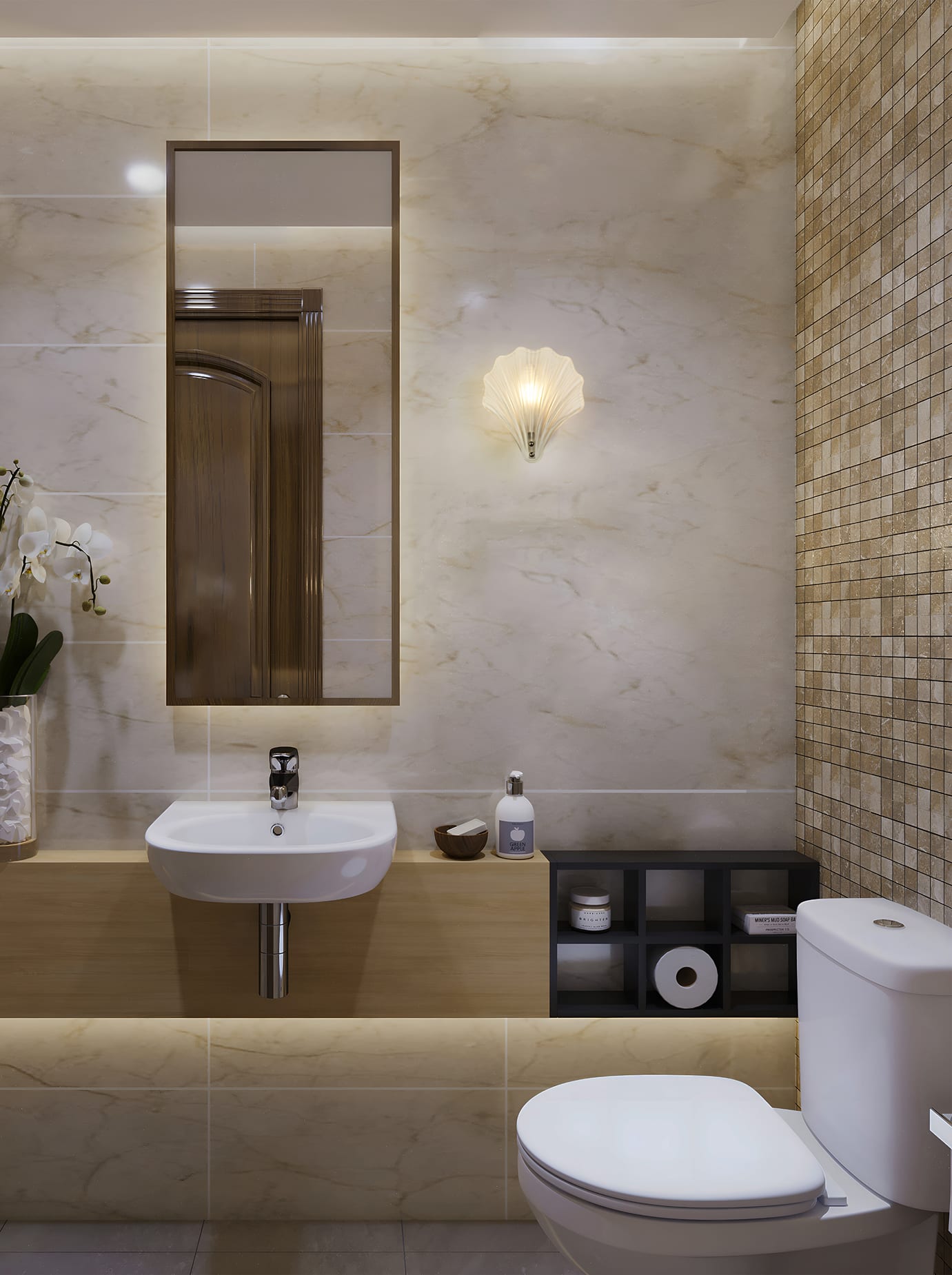 Shell 1Lt Wall Light, Satin Silver Metal &Frosted Glass IP44