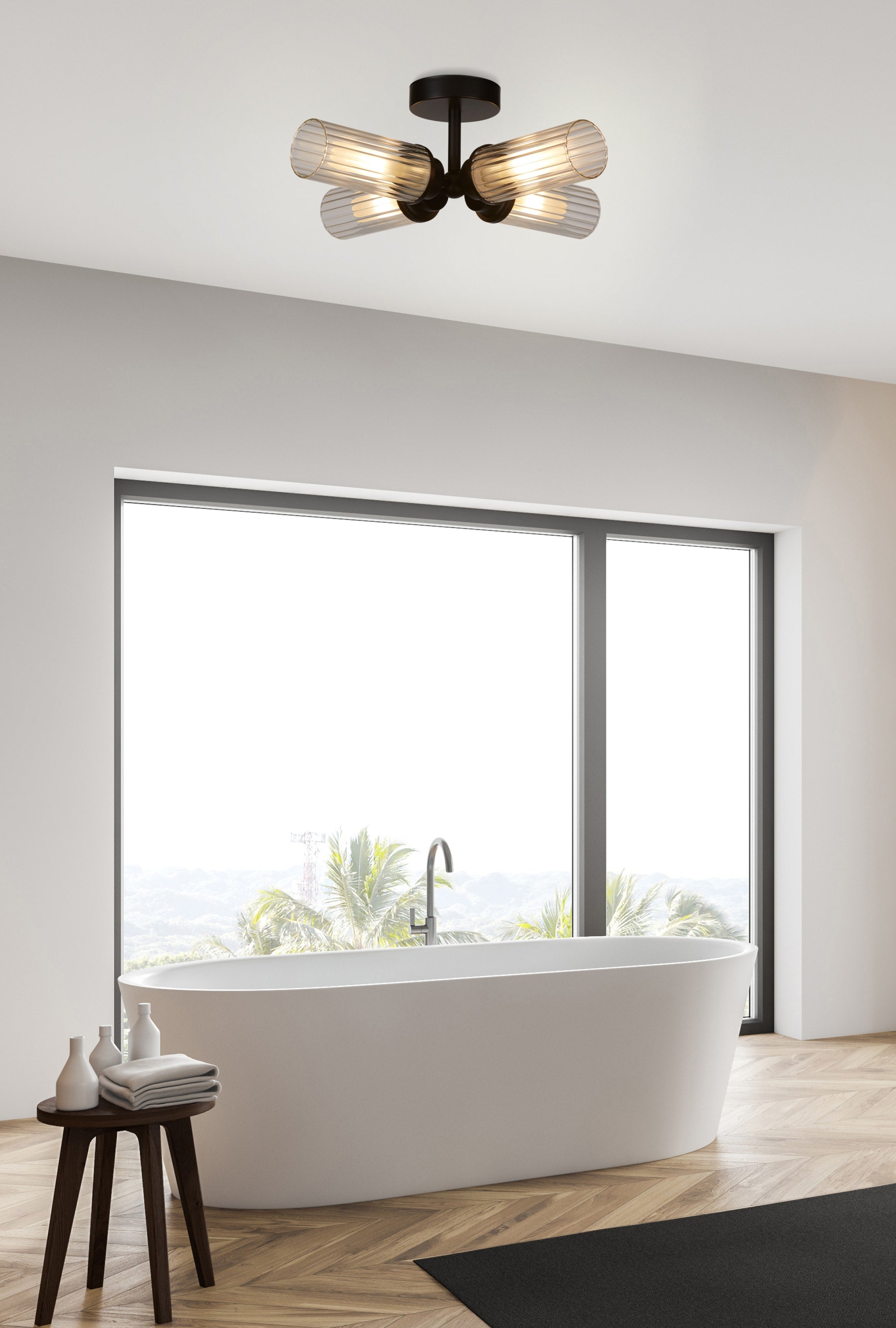 Imperial 4LT Flush, Black and Clear Ribbed Glass