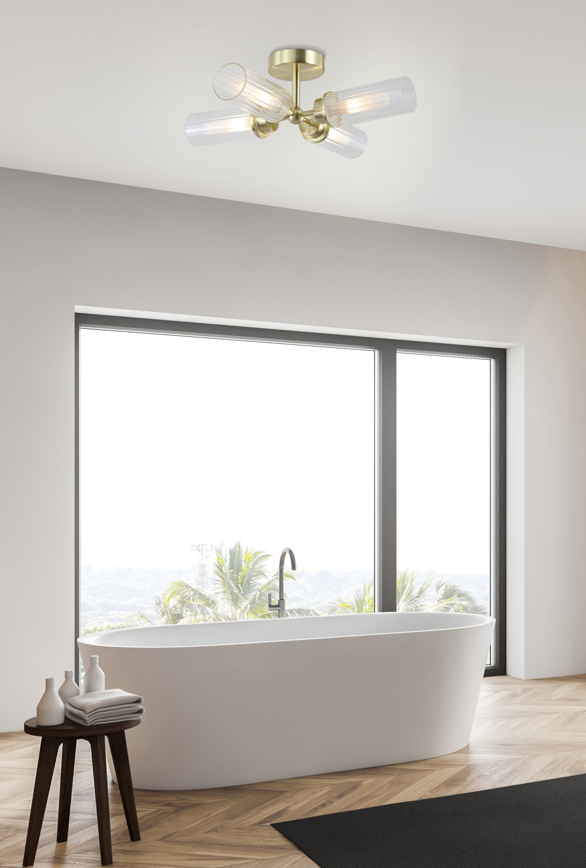 Imperial 4LT Flush, Satin Brass and Clear Ribbed Glass