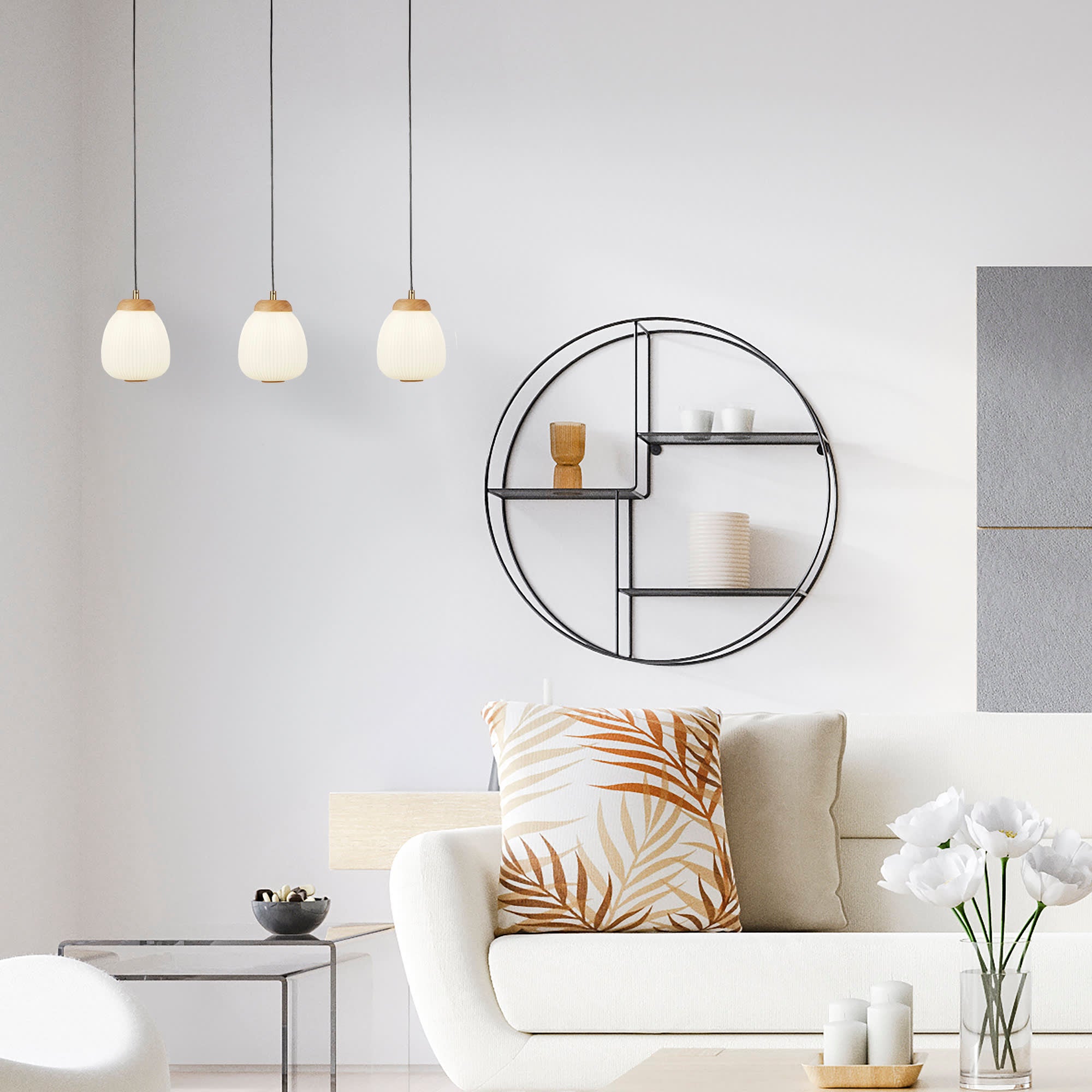 Ella 3Lt Pendant - Black Metal & Opal Ribbed Glass