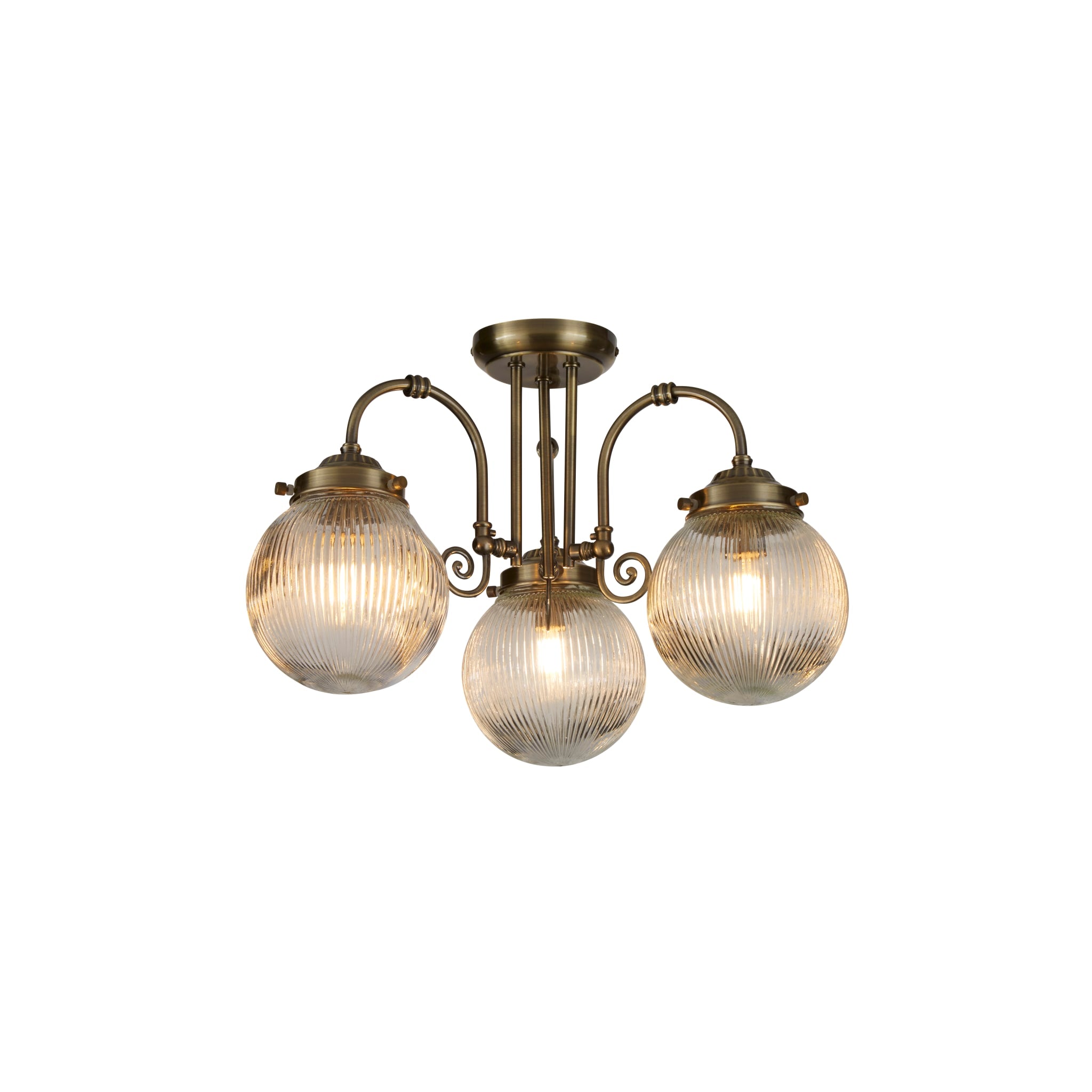 Belvue 3Lt Flush  - Antique Brass Metal & Clear Glass