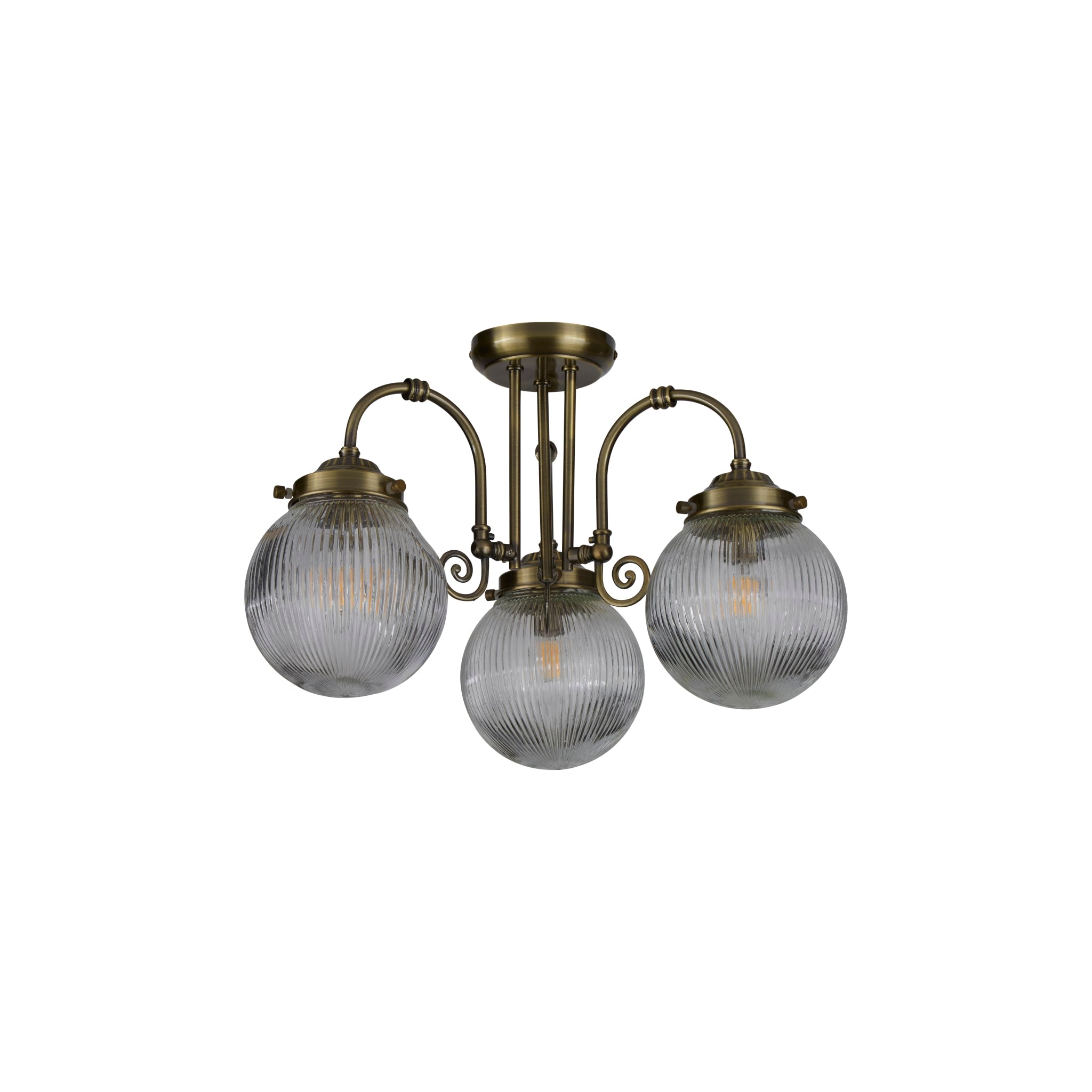 Belvue 3Lt Flush  - Antique Brass Metal & Clear Glass