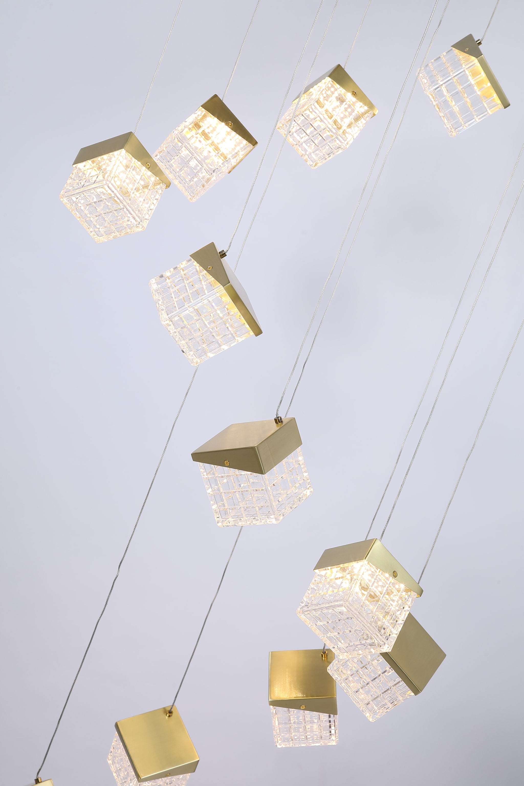 Cuboid 20Lt LED Multi Drop Pendant, Satin Brass Metal with C