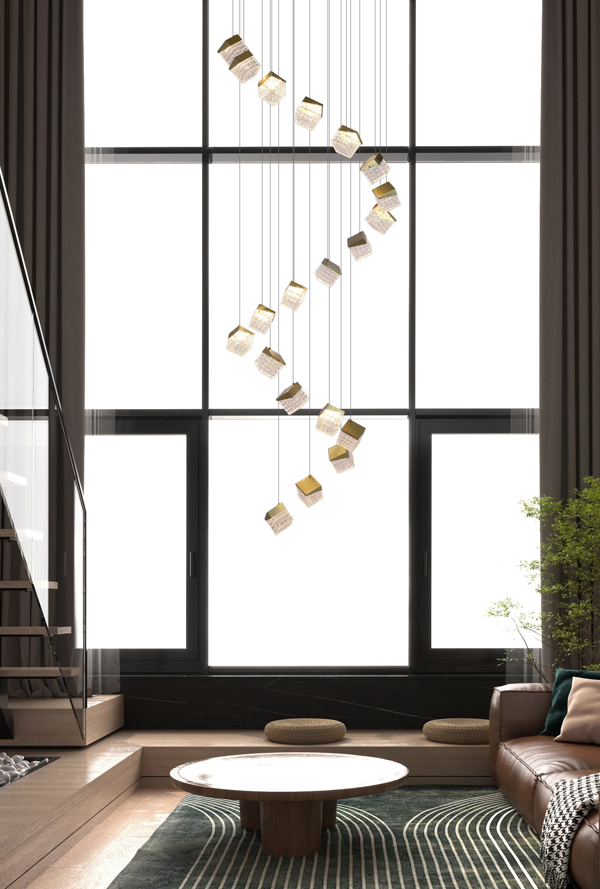 Cuboid 20Lt LED Multi Drop Pendant, Satin Brass Metal with C
