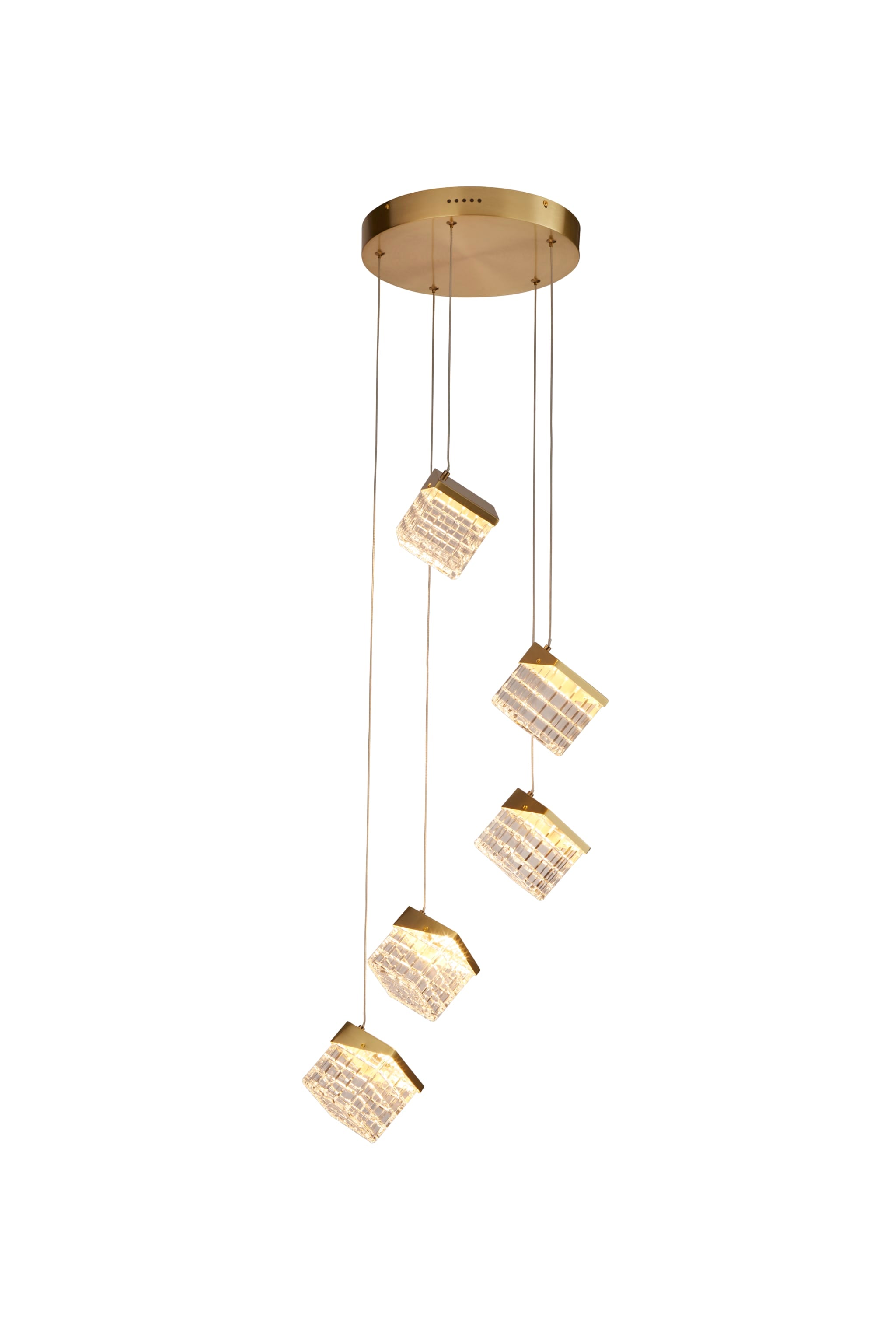 Cuboid 5Lt LED Multi Drop Pendant, Satin Brass Metal with Cl