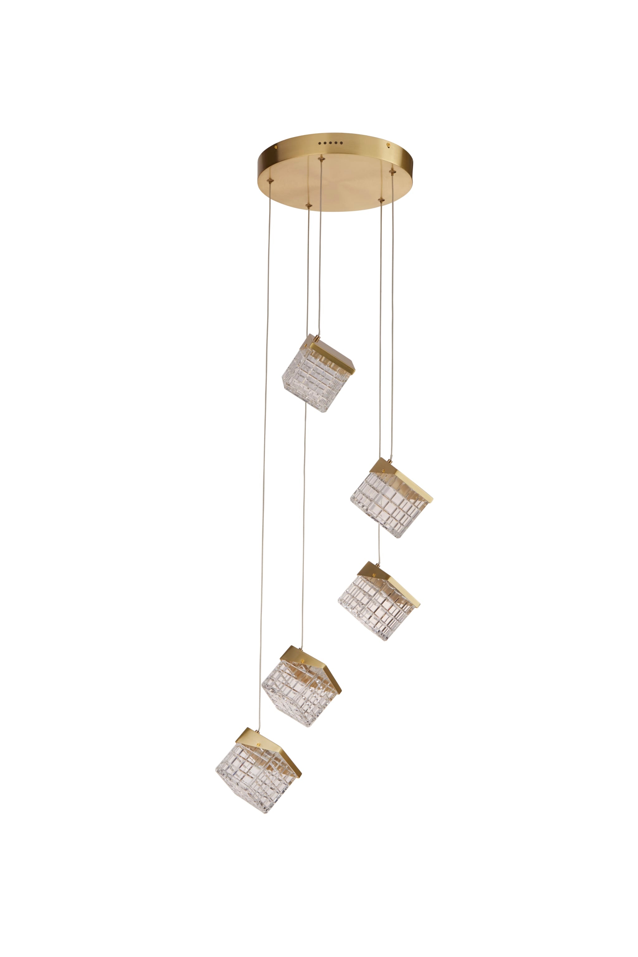 Cuboid 5Lt LED Multi Drop Pendant, Satin Brass Metal with Cl