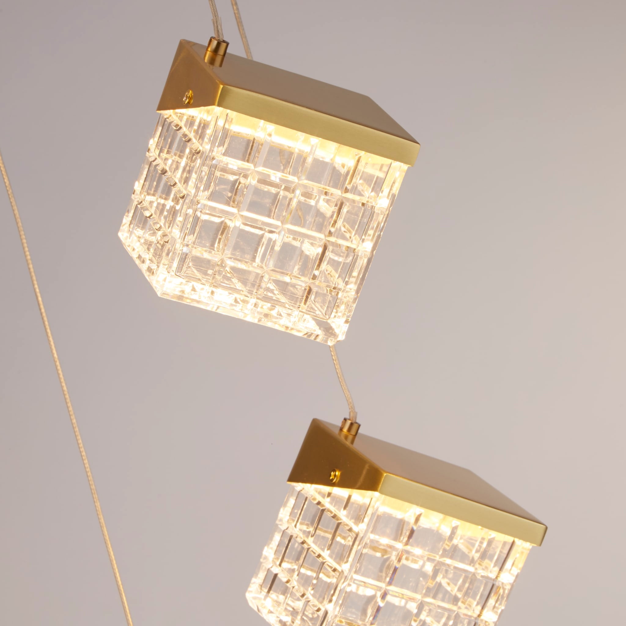 Cuboid 5Lt LED Multi Drop Pendant, Satin Brass Metal with Cl