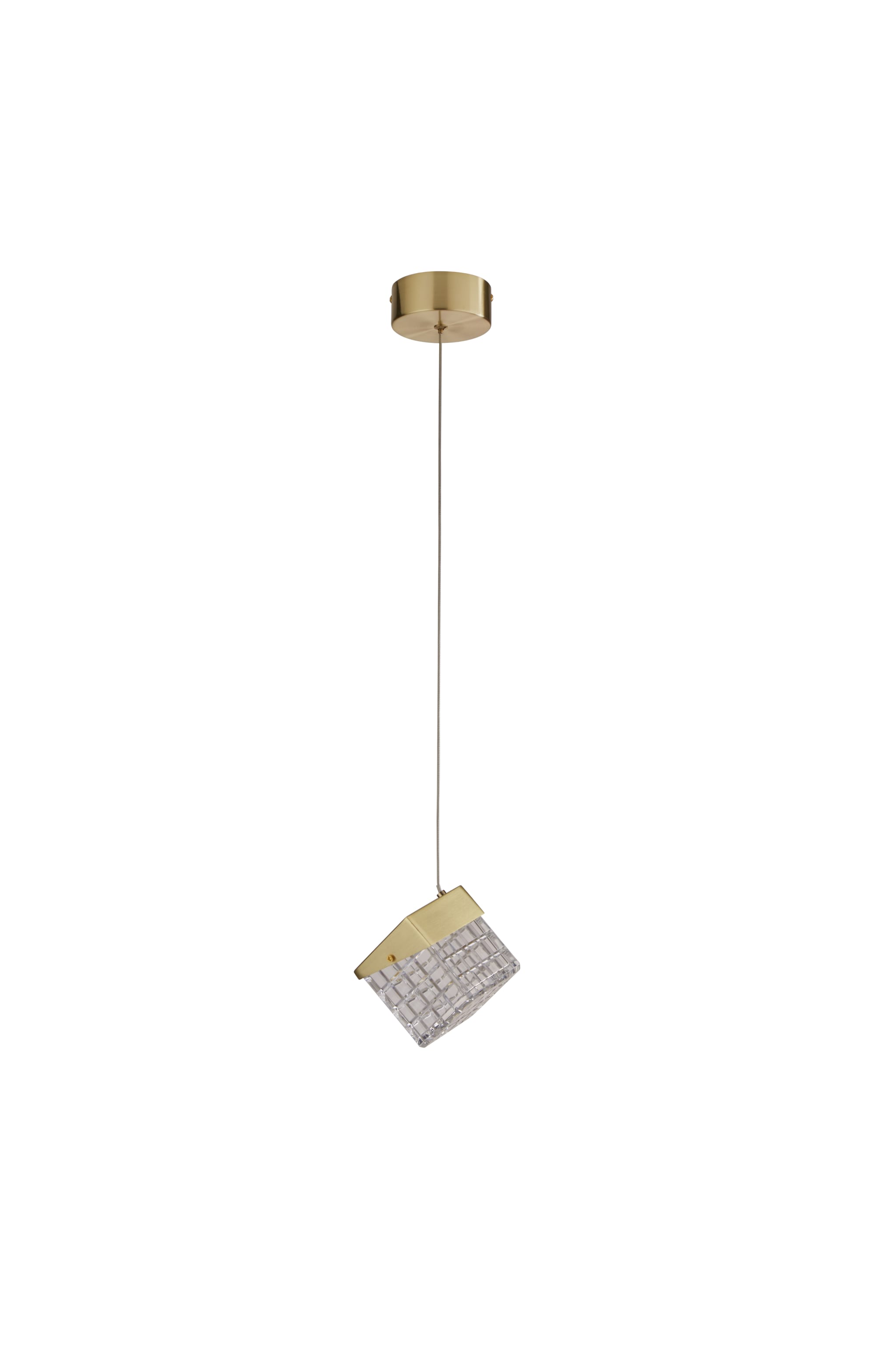 Cuboid LED Pendant, Satin Brass Metal with Clear Acrylic