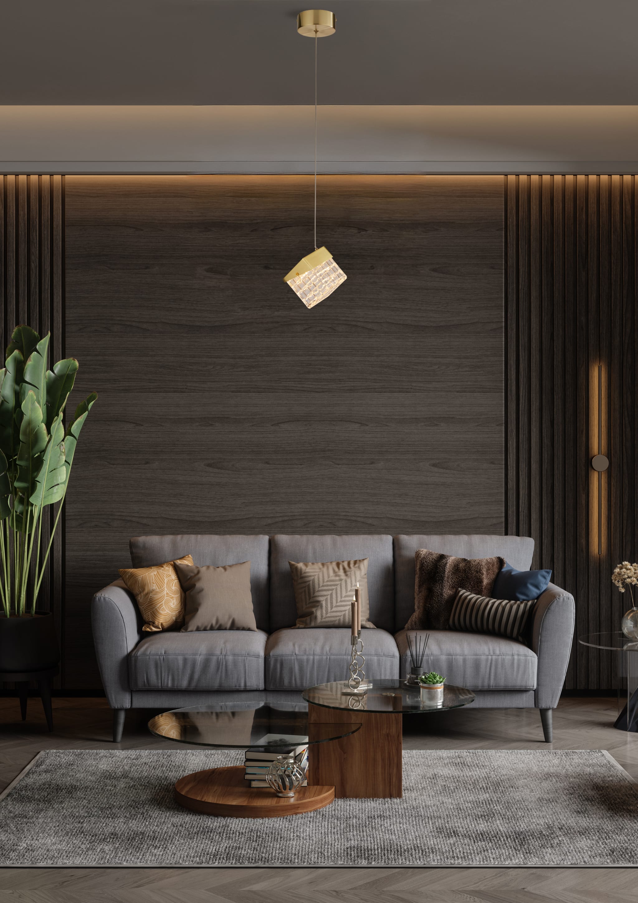 Cuboid LED Pendant, Satin Brass Metal with Clear Acrylic
