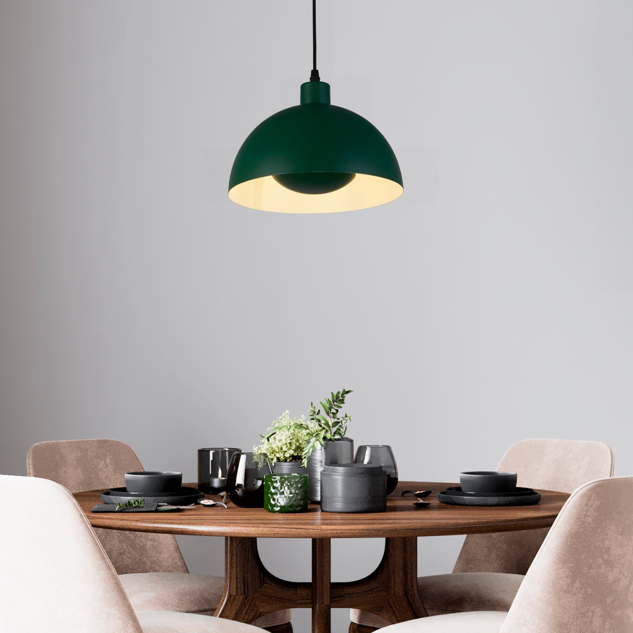 Mars 1LT Pendant, Matt Green Metal & Cream Inner 25cm
