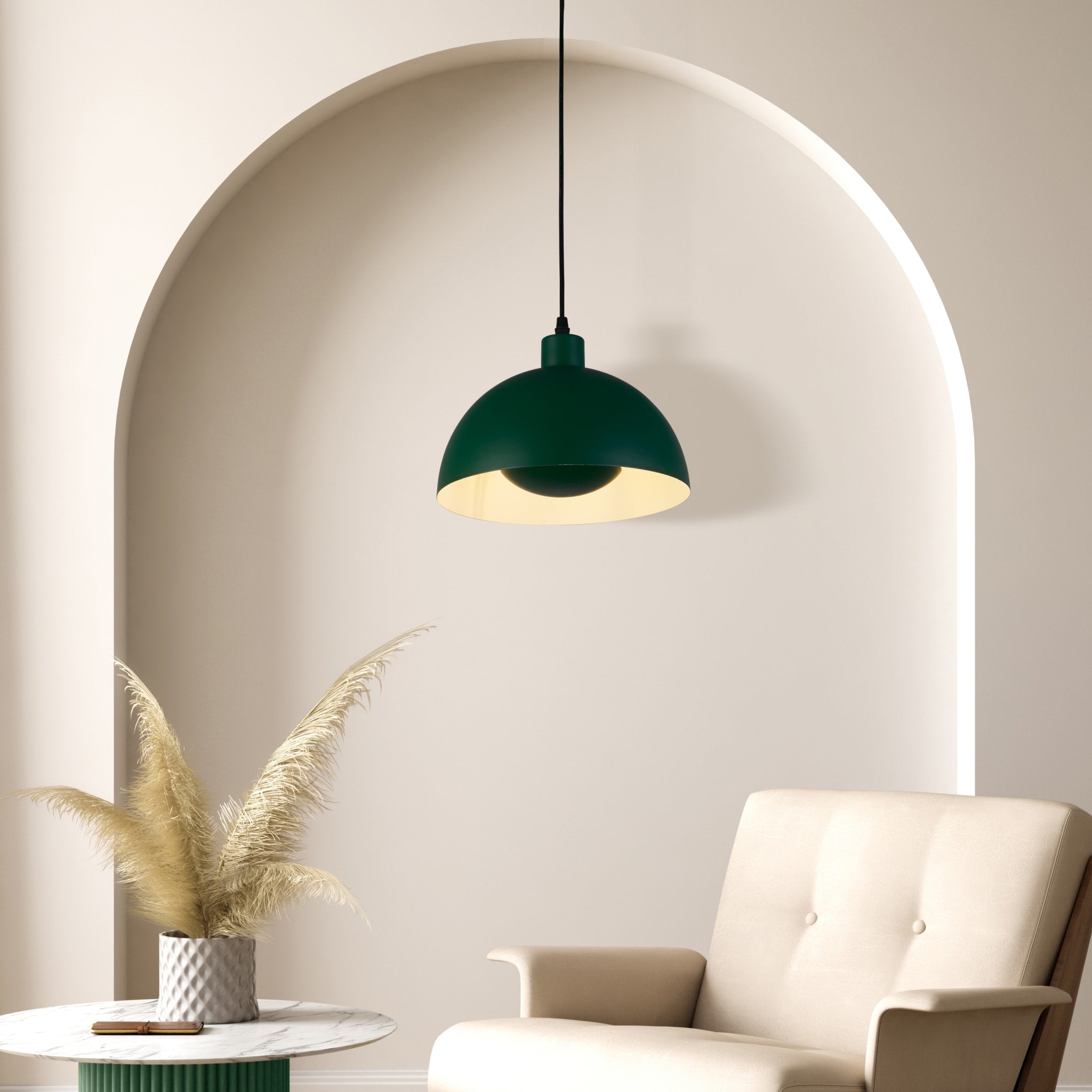 Mars 1LT Pendant, Matt Green Metal & Cream Inner 40cm
