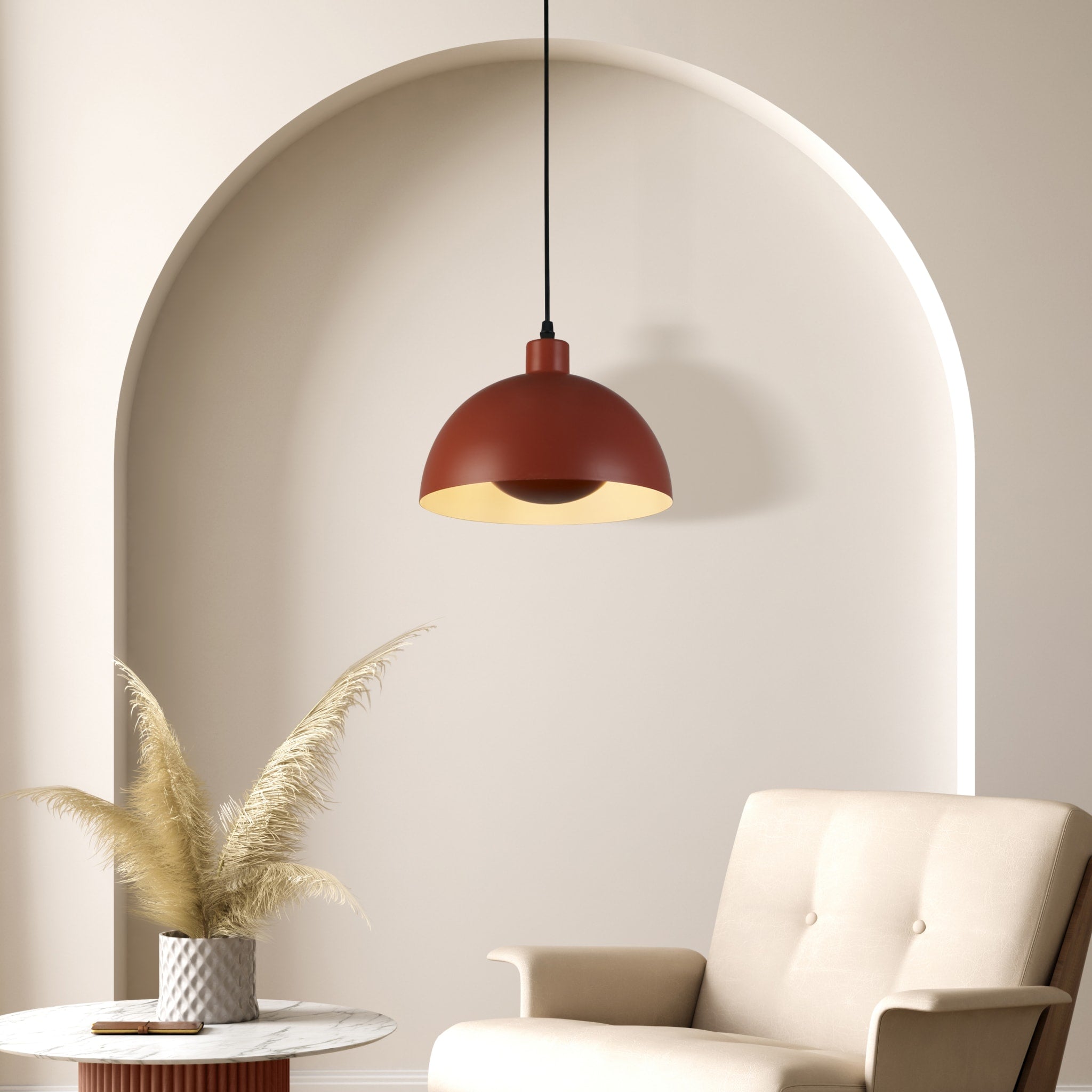 Mars 1LT Pendant, Burnt Orange Metal & Cream Inner 40cm