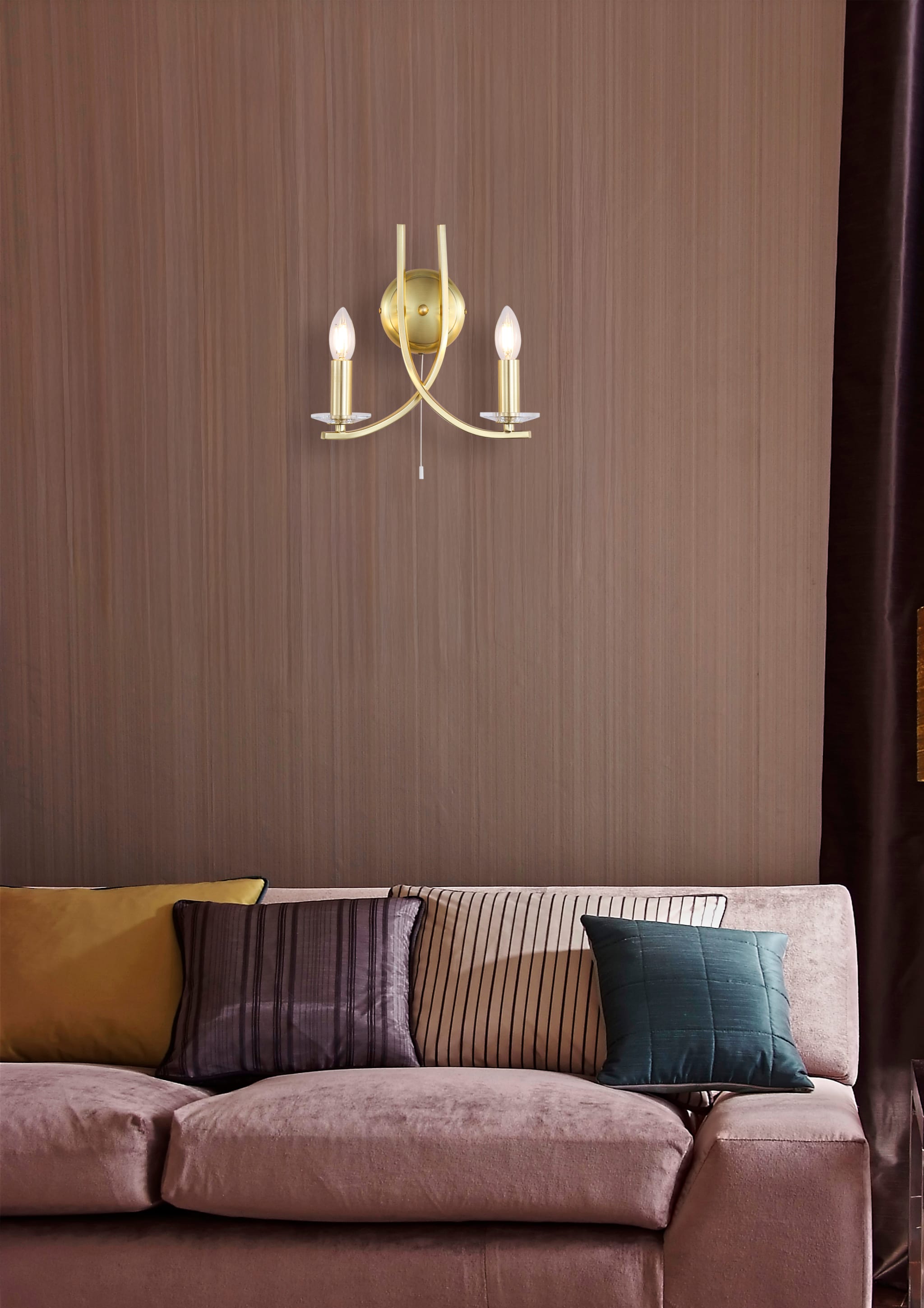 Ascona 2Lt Wall Light, Satin Brass Metal & Glass
