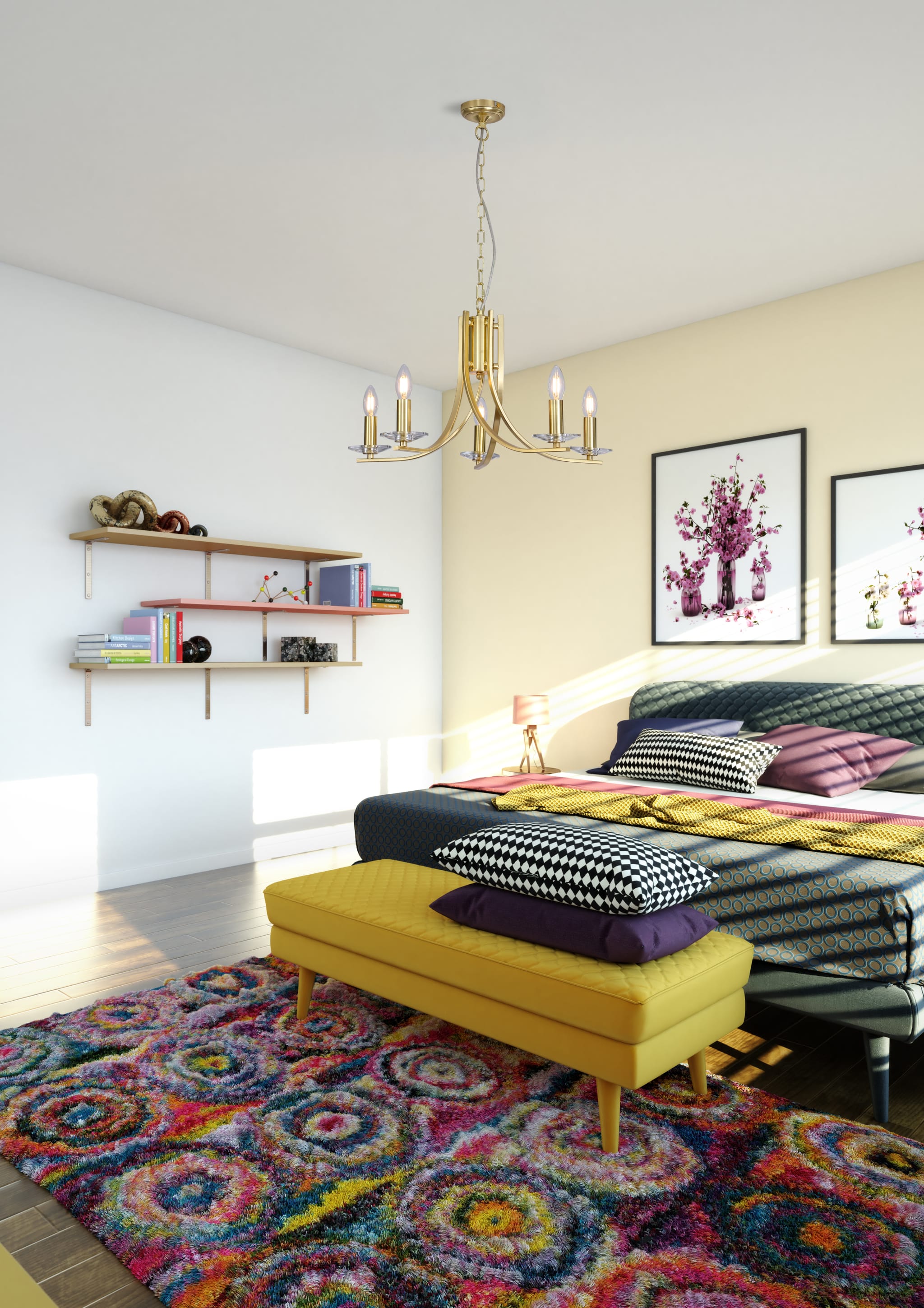 Ascona 5Lt Pendant, Satin Brass Metal & Glass