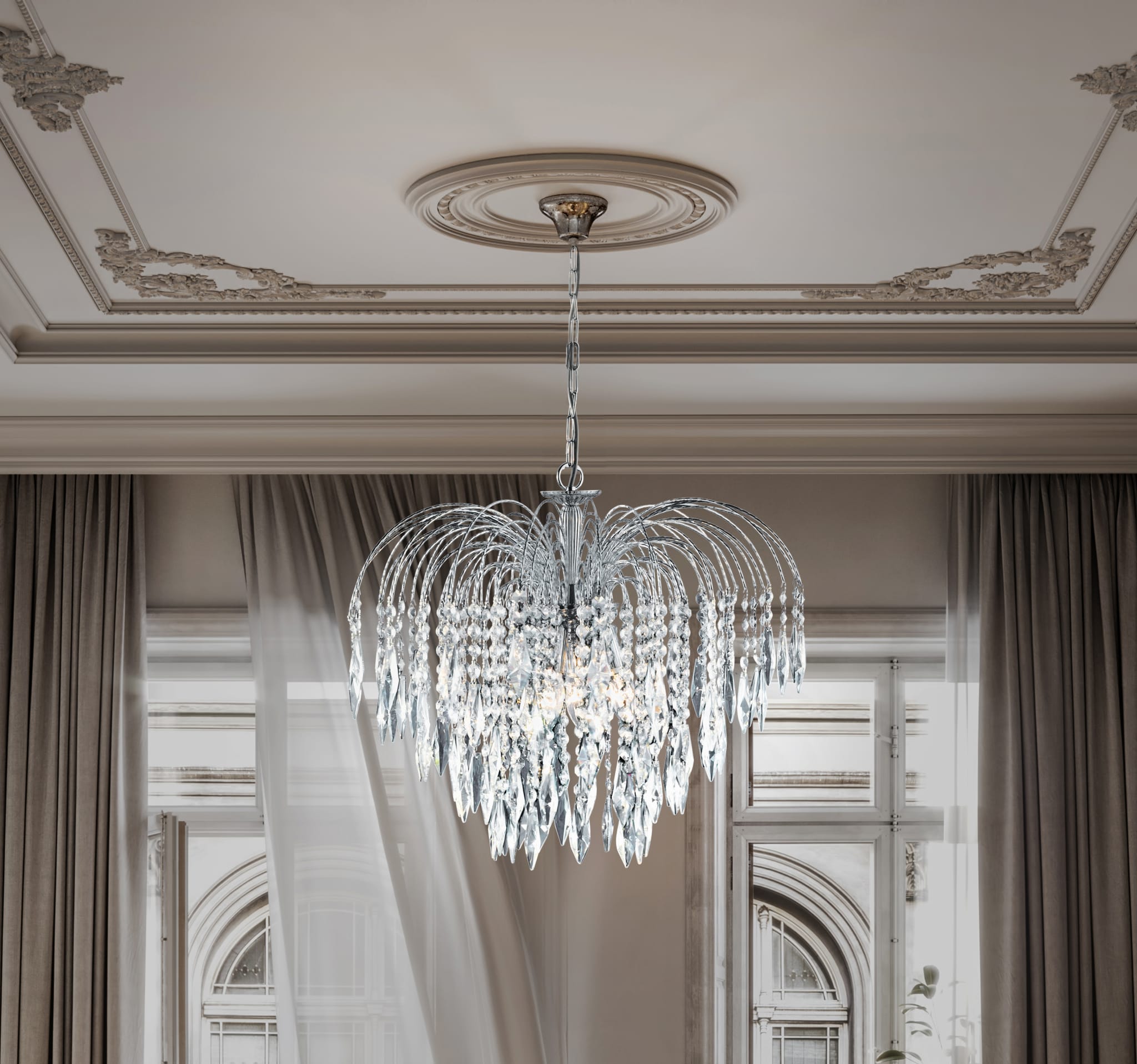 Waterfall 5Lt Pendant  - Chrome Metal & Crystal