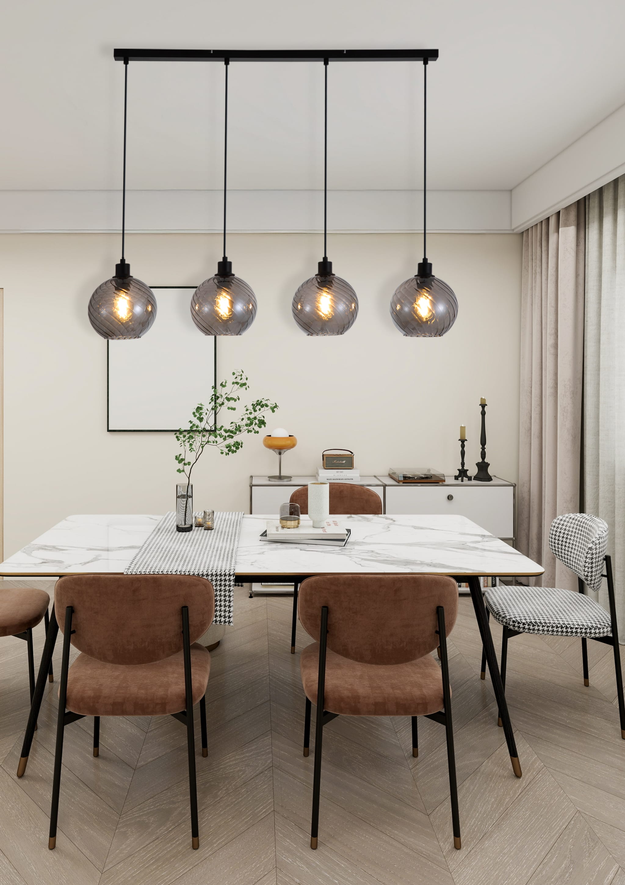 Radiance 4Lt Bar Pendant, Black Metal and Smoked Glass