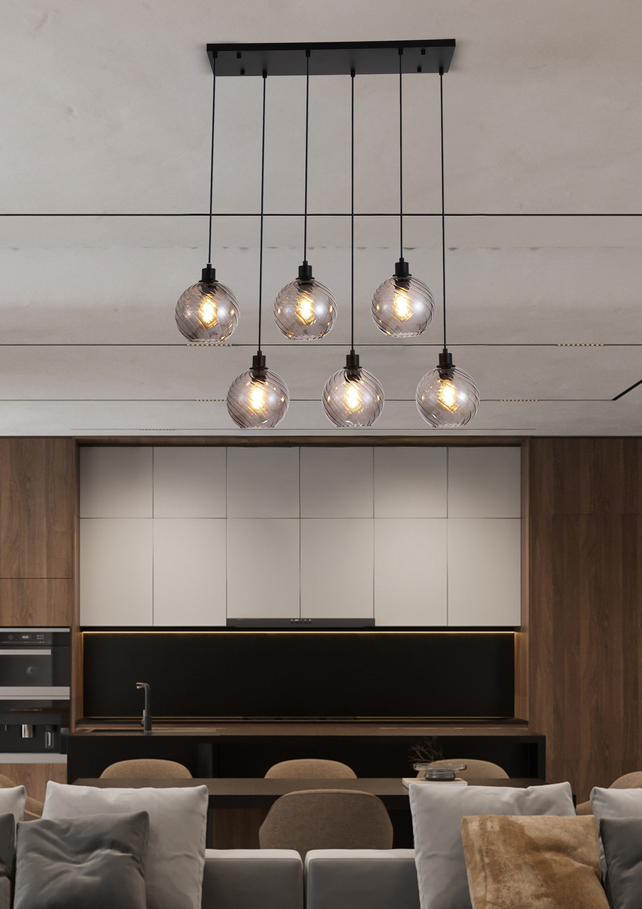 Radiance 6Lt Bar Pendant, Black Metal and Smoked Glass