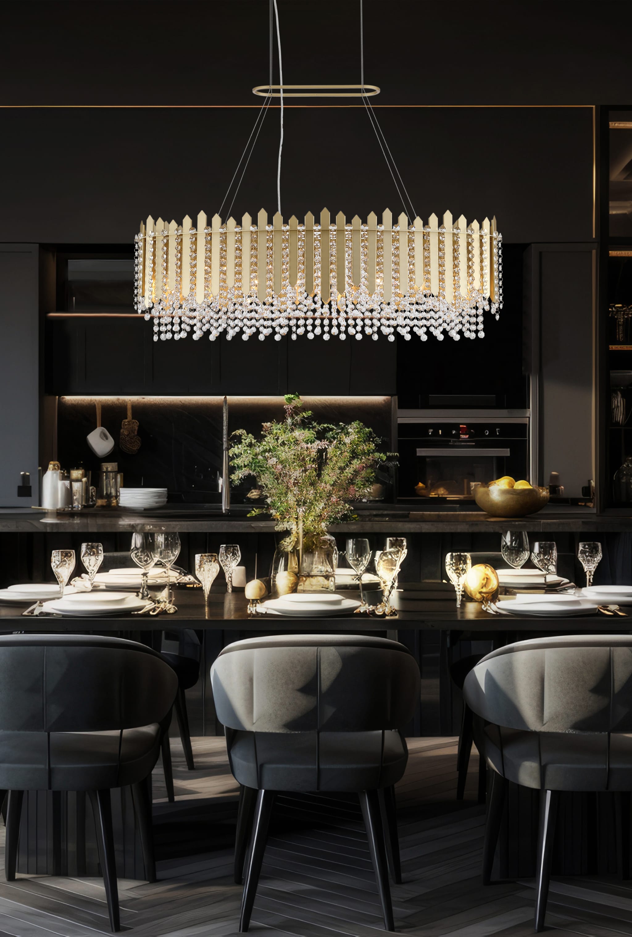 Spear 8Lt Diner Bar Pendant, Gold Metal with Clear Crystal