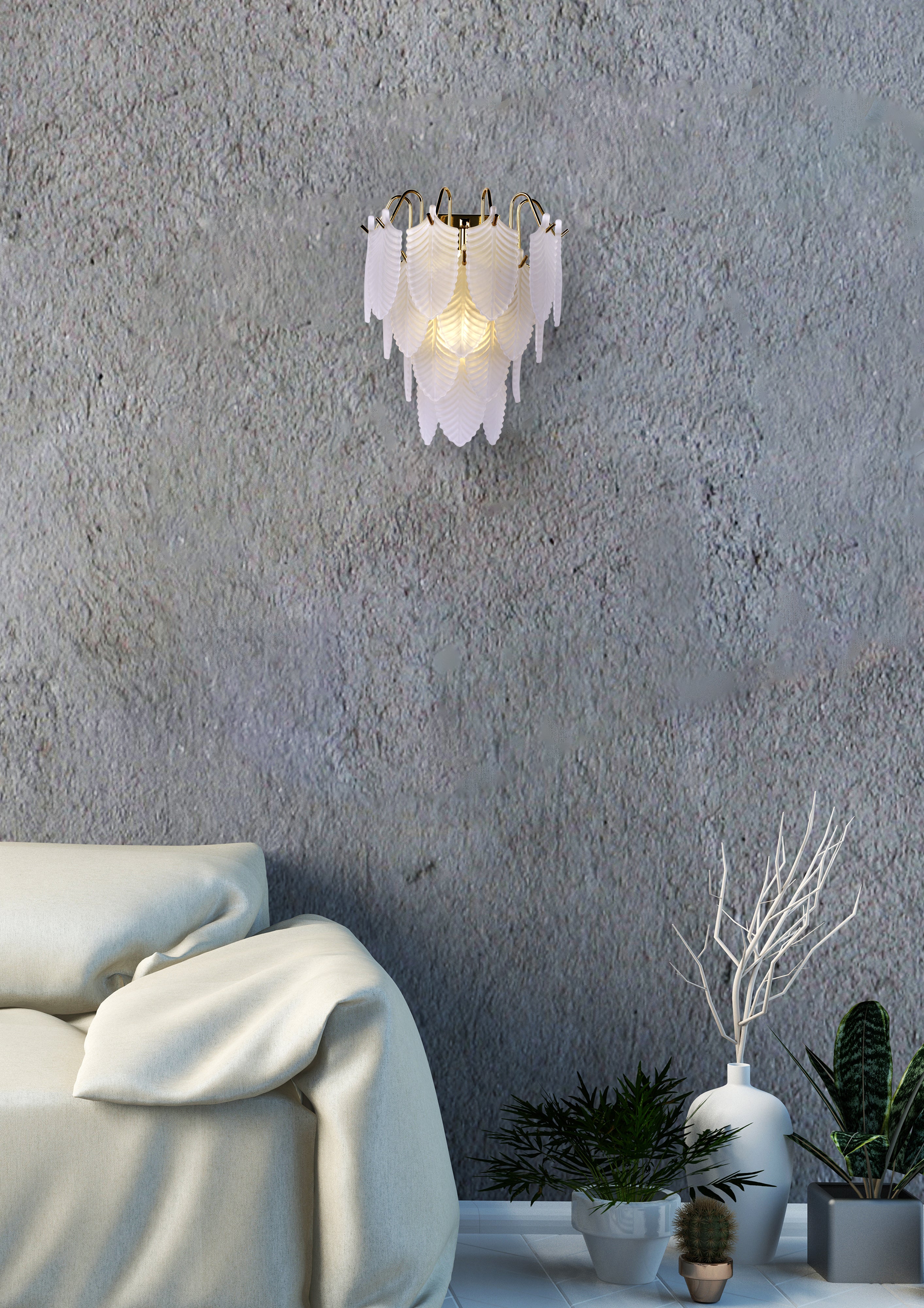 Feather Wall Light, Polished Brass with Frosted Feather Gla