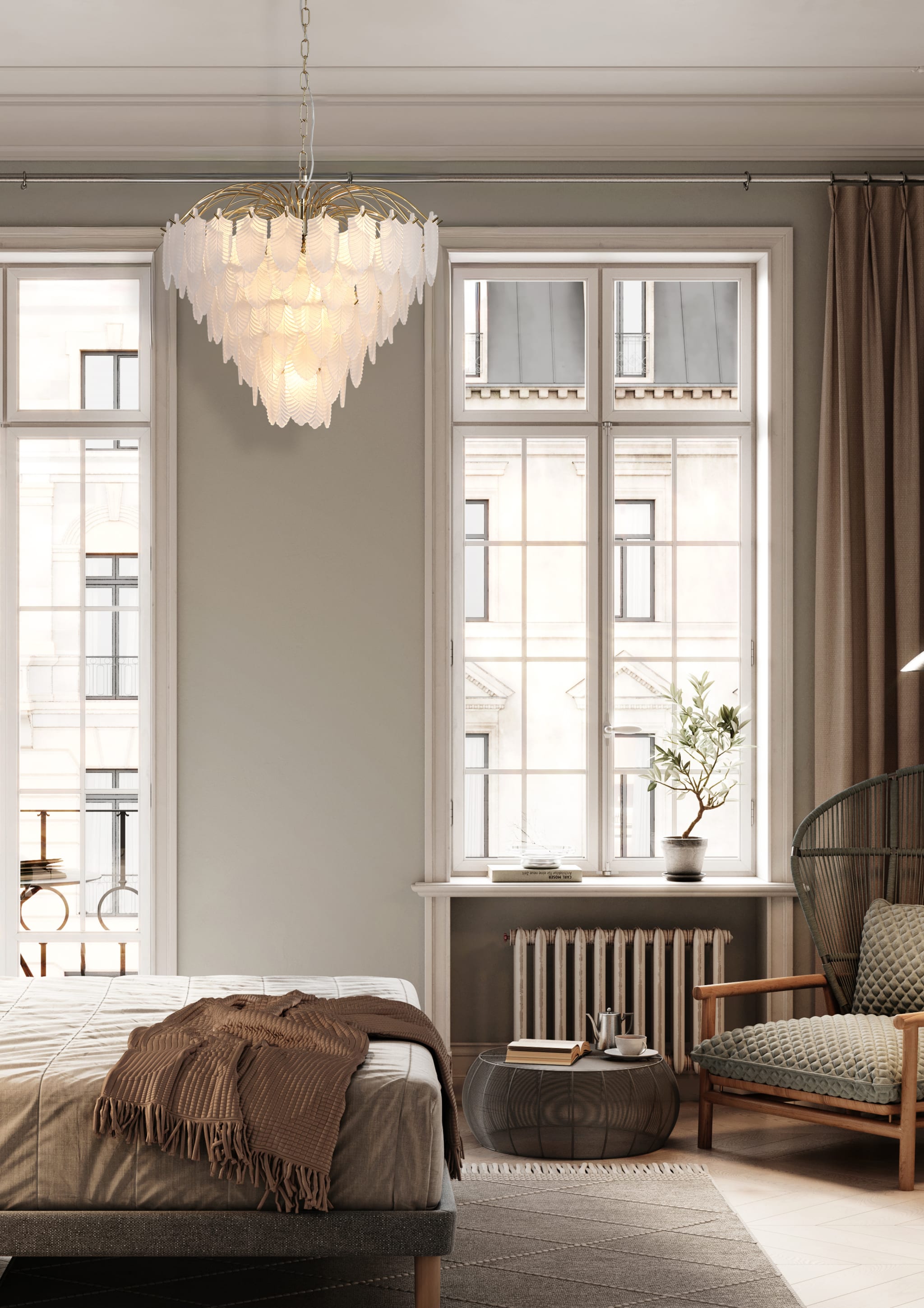 Feather 6Lt Pendant, Polished Brass with Frosted Glass