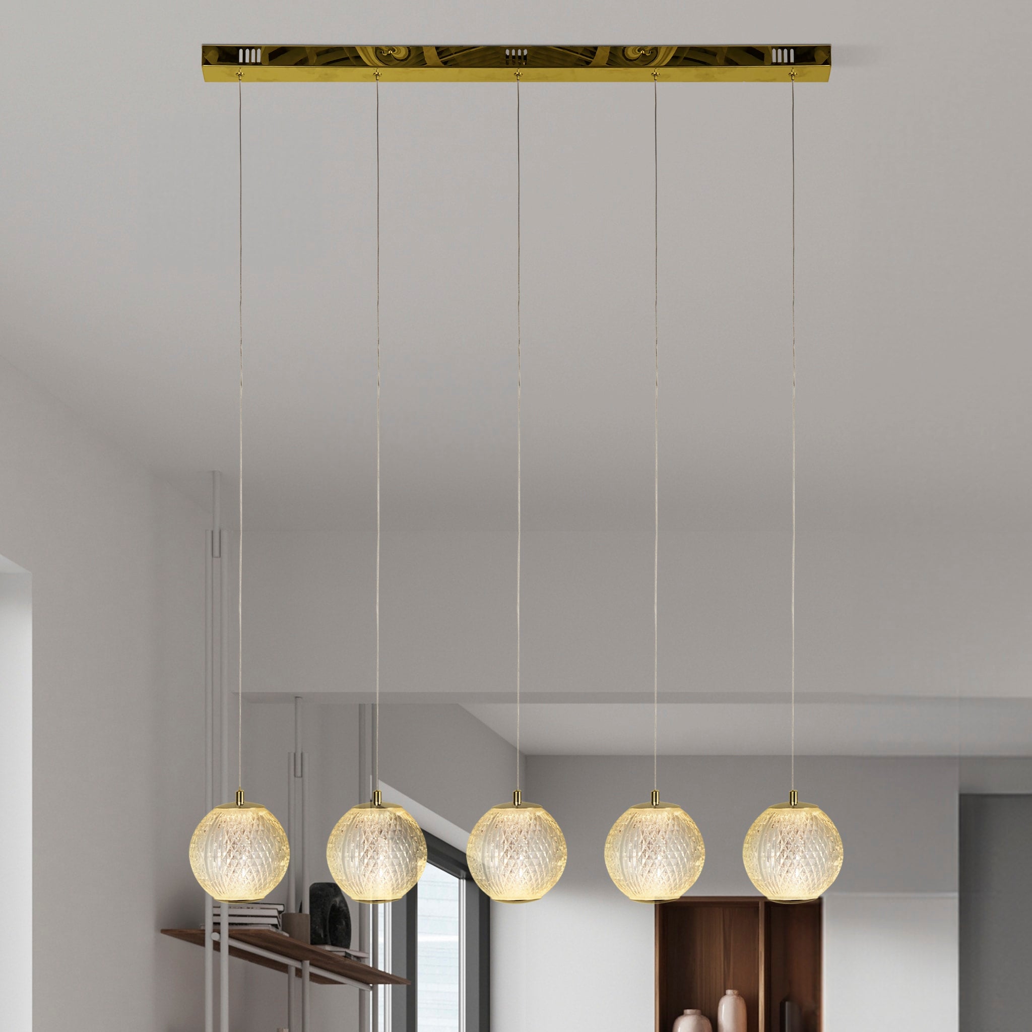Allure 5Lt Bar Pendant - Satin Brass Metal & Clear Acrylic