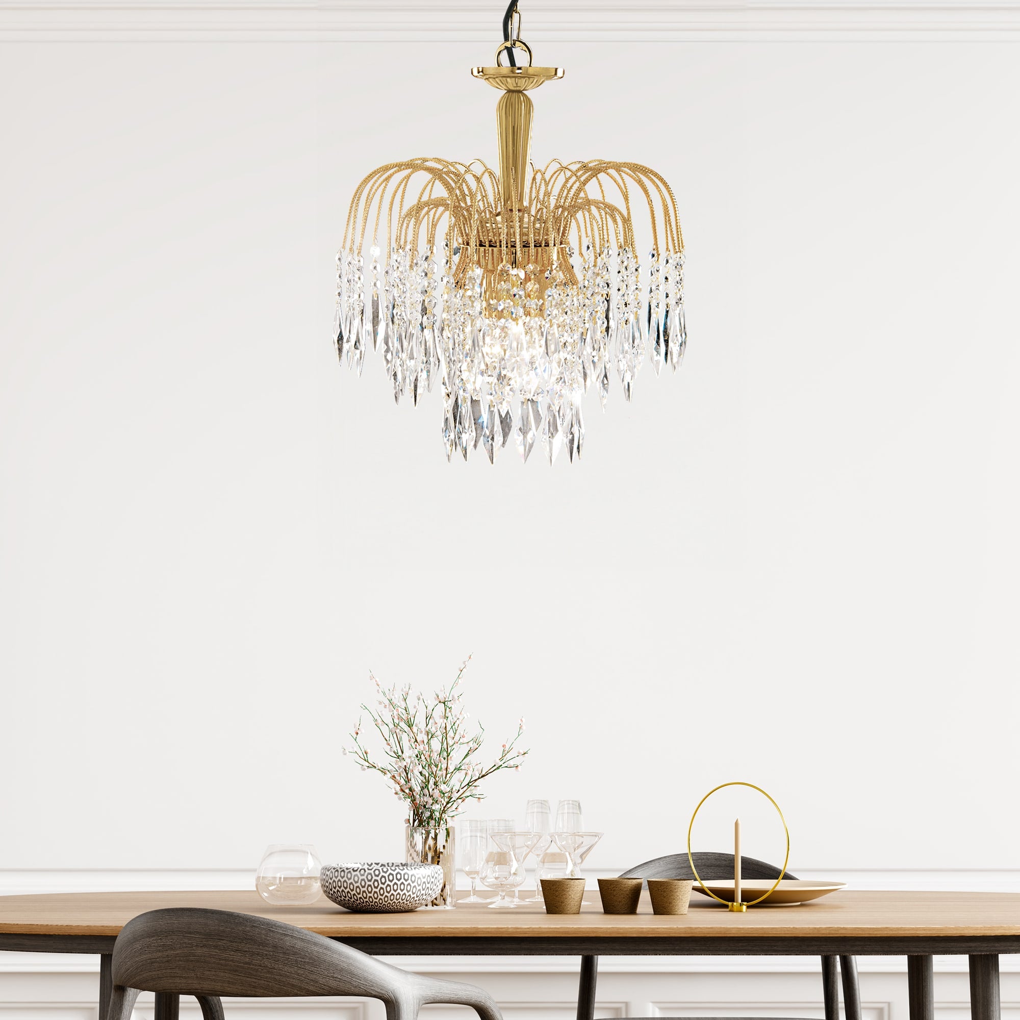 Waterfall 3Lt Pendant - Gold Metal & Crystal