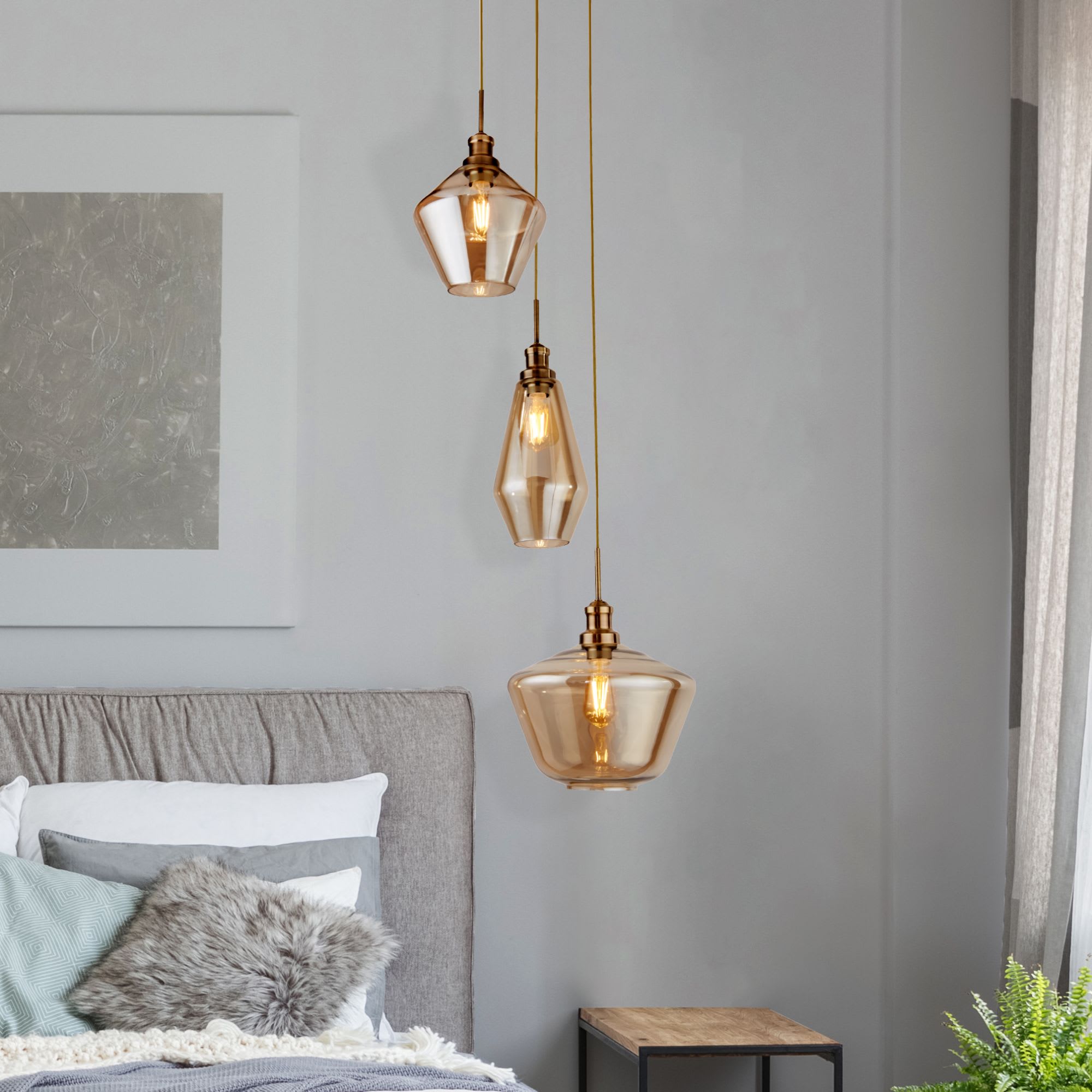 Mia 3Lt Multi-Drop Pendant - Antique Brass Metal,Amber Glass