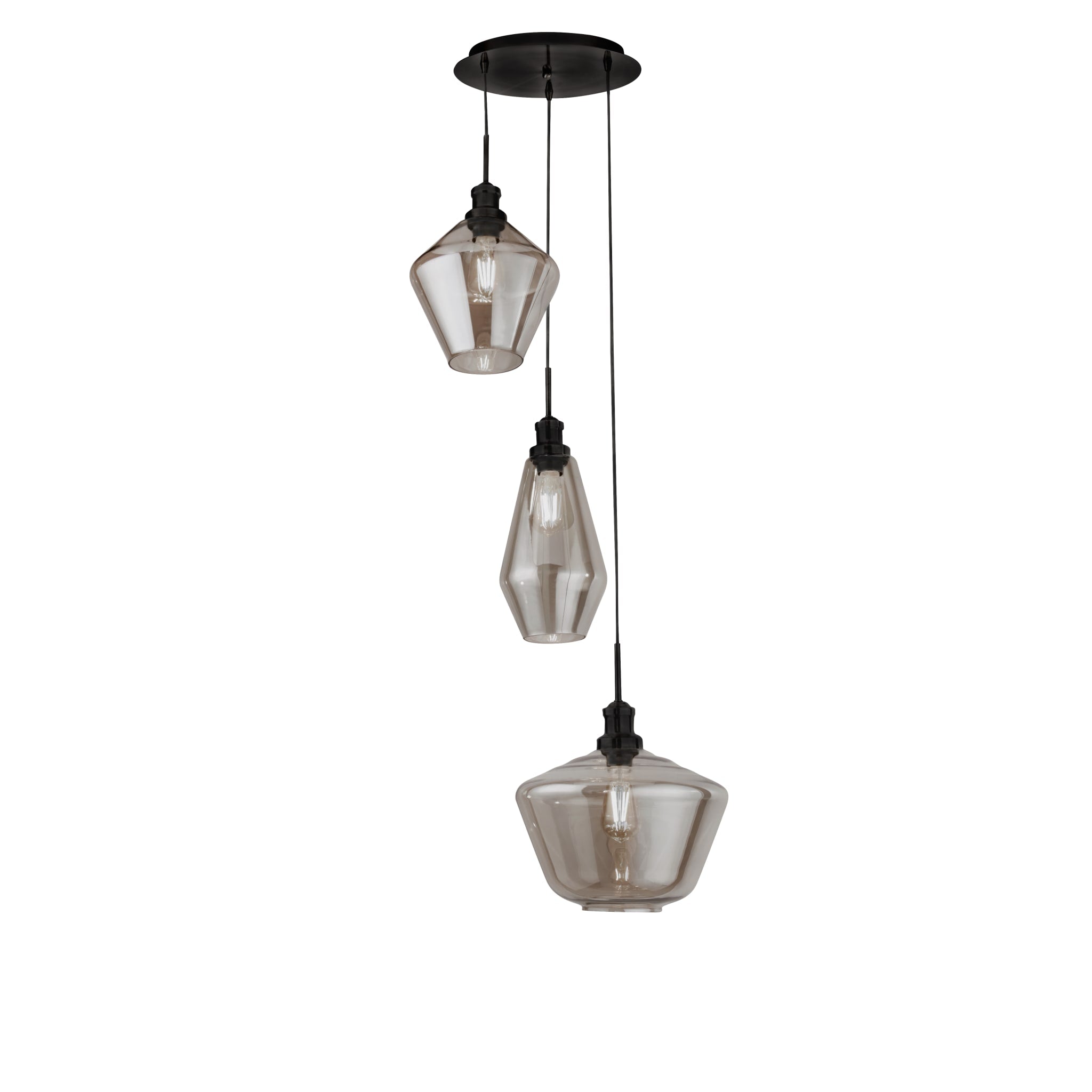 Mia 3Lt Multi-Drop Pendant  - Black Metal & Smoked Glass