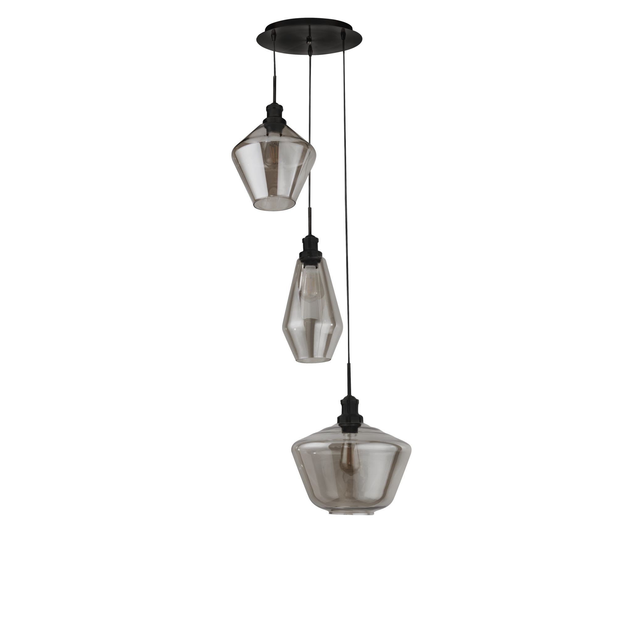 Mia 3Lt Multi-Drop Pendant  - Black Metal & Smoked Glass
