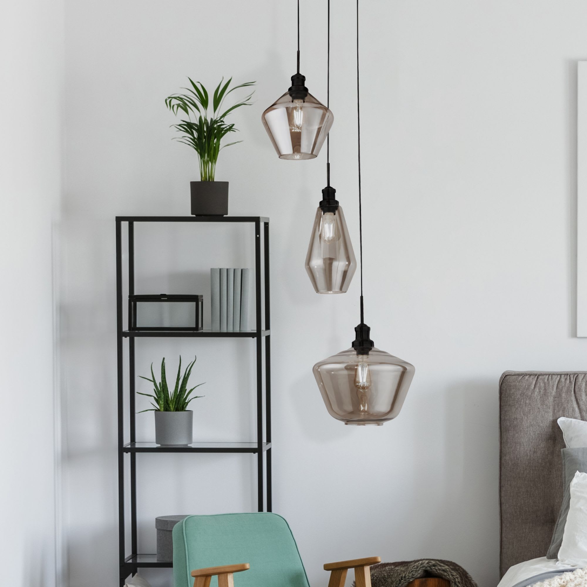 Mia 3Lt Multi-Drop Pendant  - Black Metal & Smoked Glass
