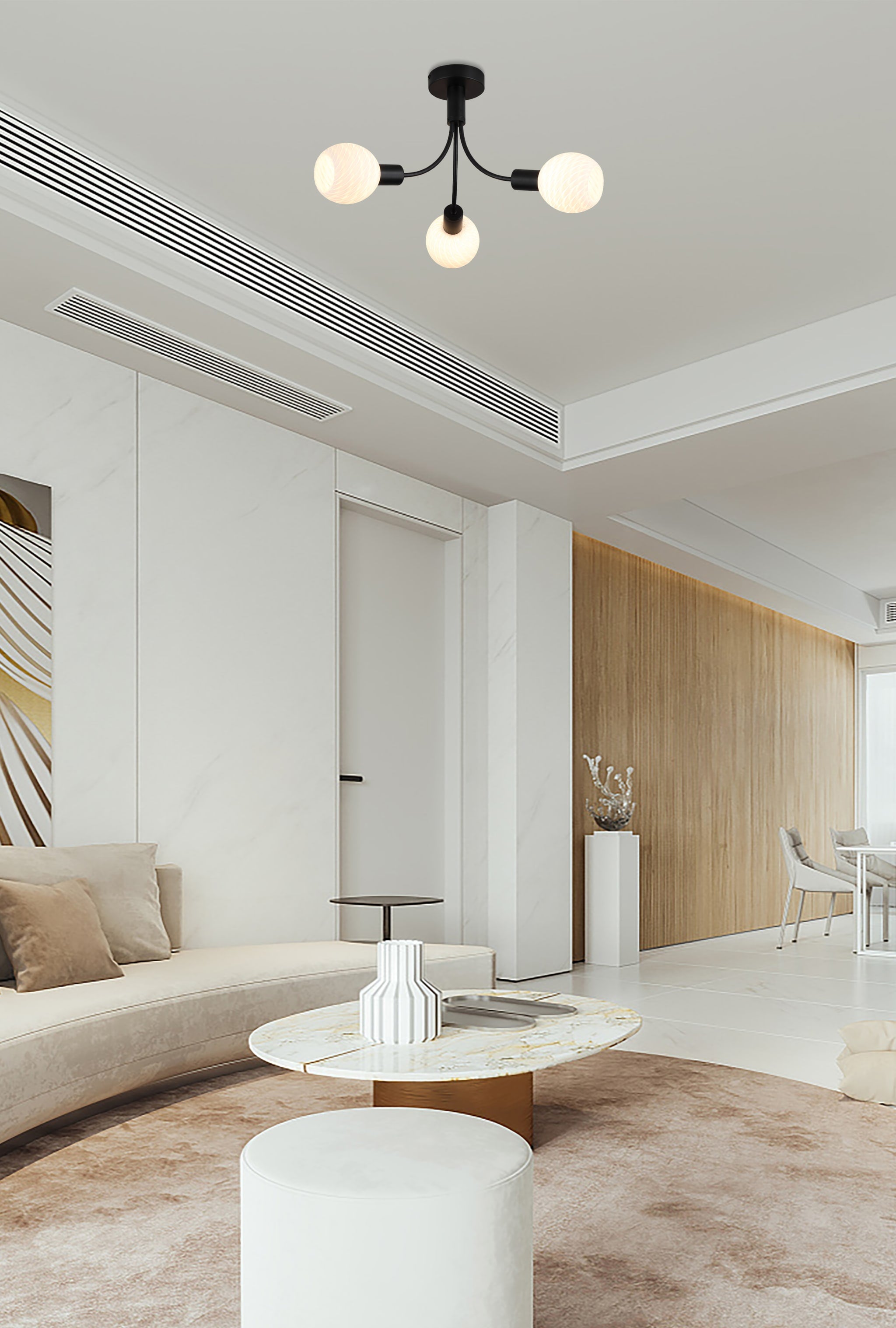 Nova 3Lt Ceiling Lamp, Black Metal with Frosted Glass Shade