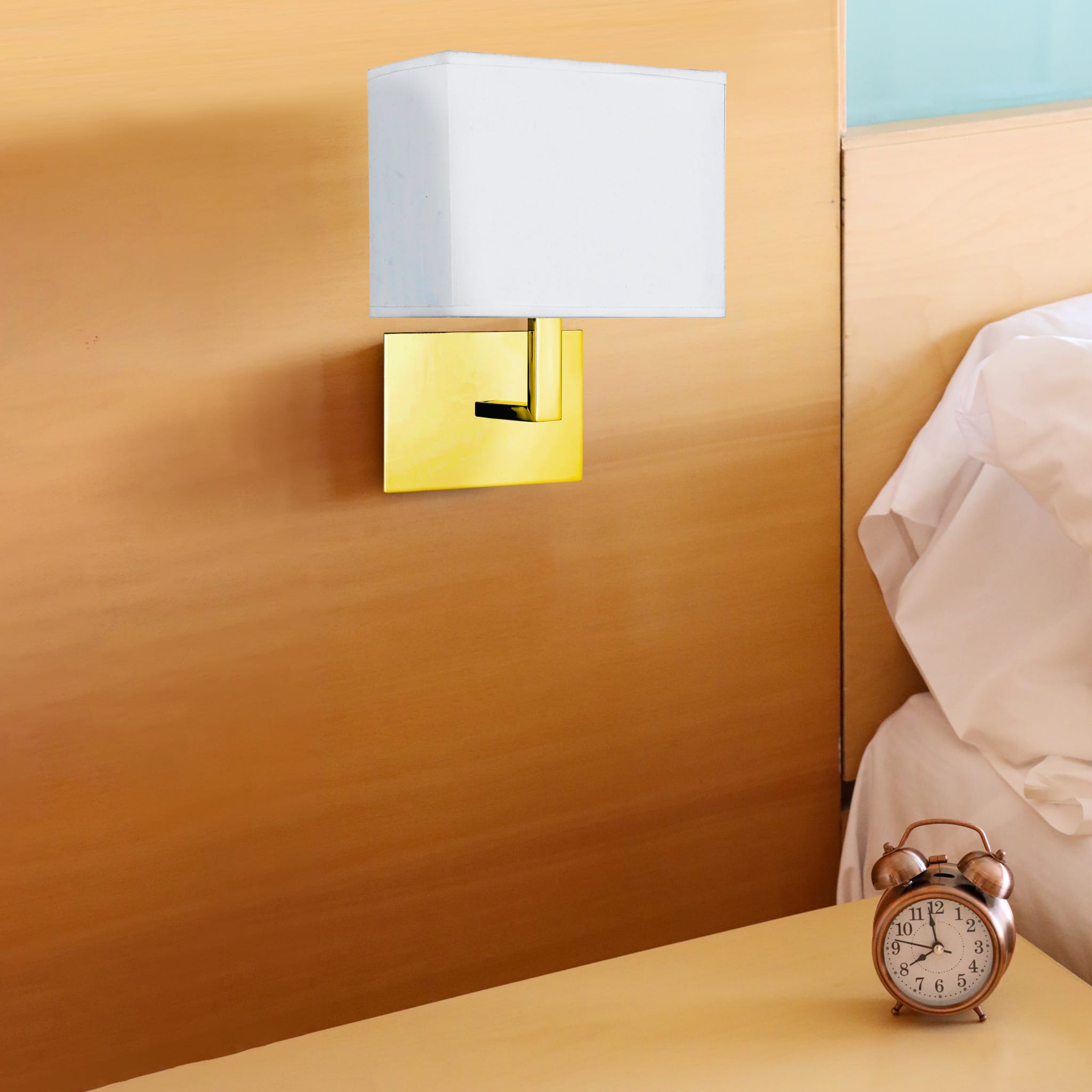 Hotel Wall Light - Satin Brass Metal & White Fabric Shade