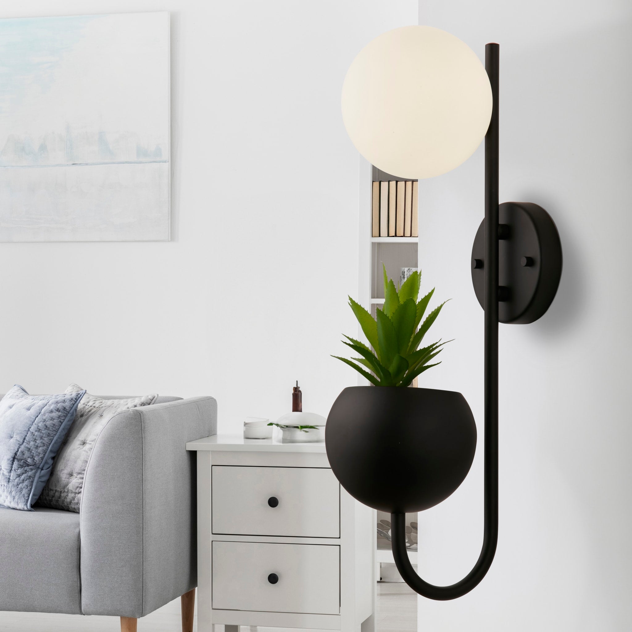 x Lunar Wall Light - Black Metal & Opal Glass