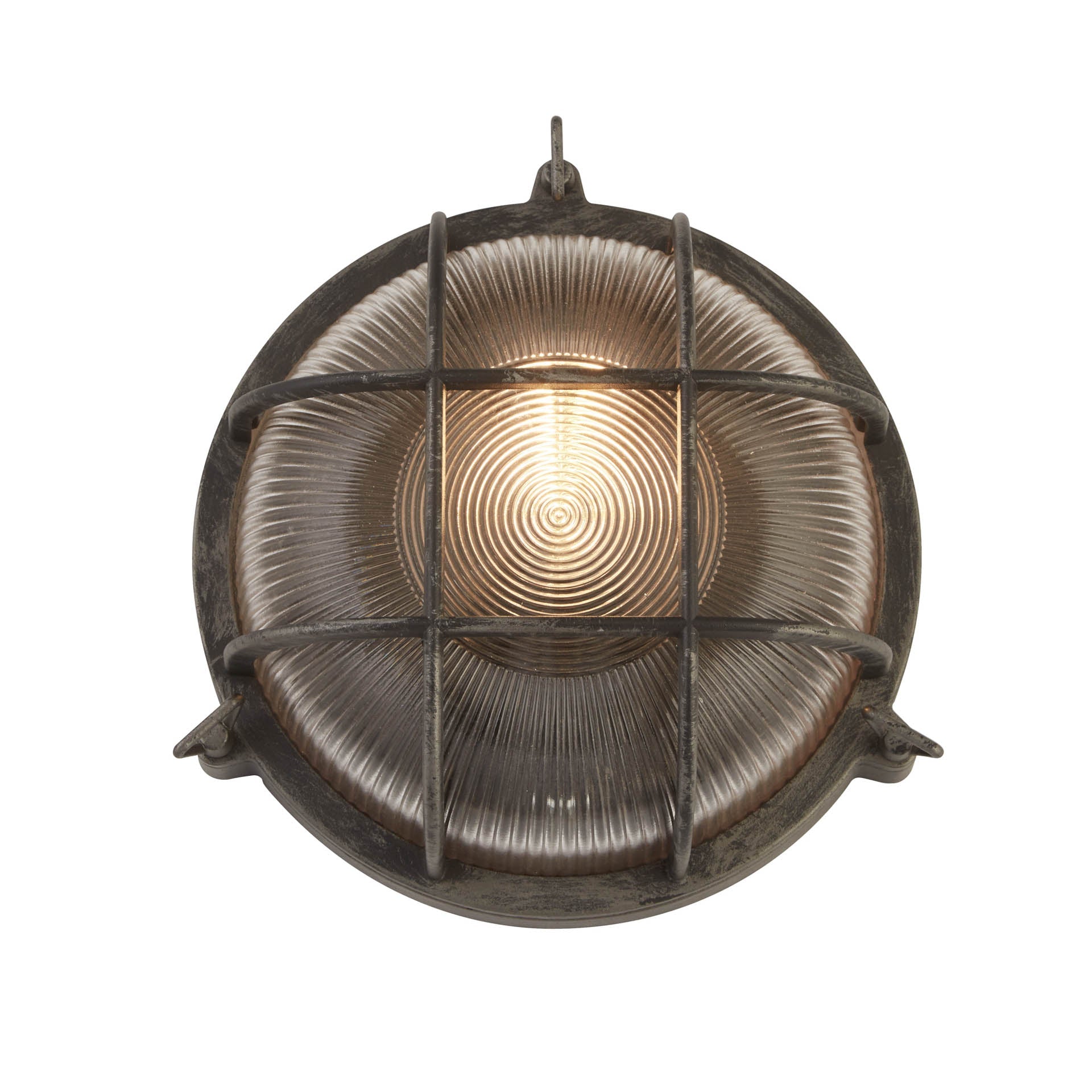 Bulkhead Round Outdoor Light-Black/Silver Metal & Clear Glas