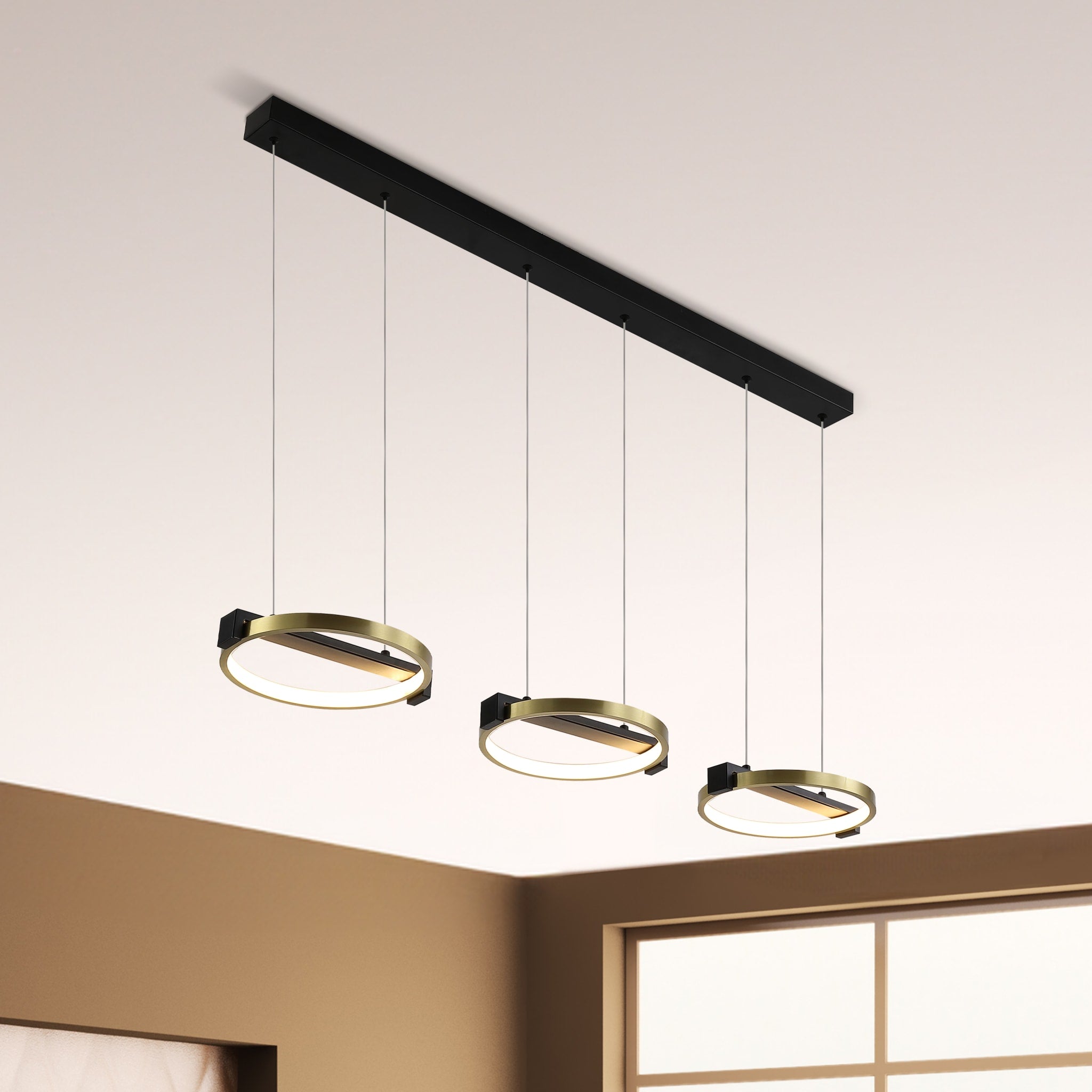 Aerial 3Lt LED Bar Pendant, Gold and Black Metal