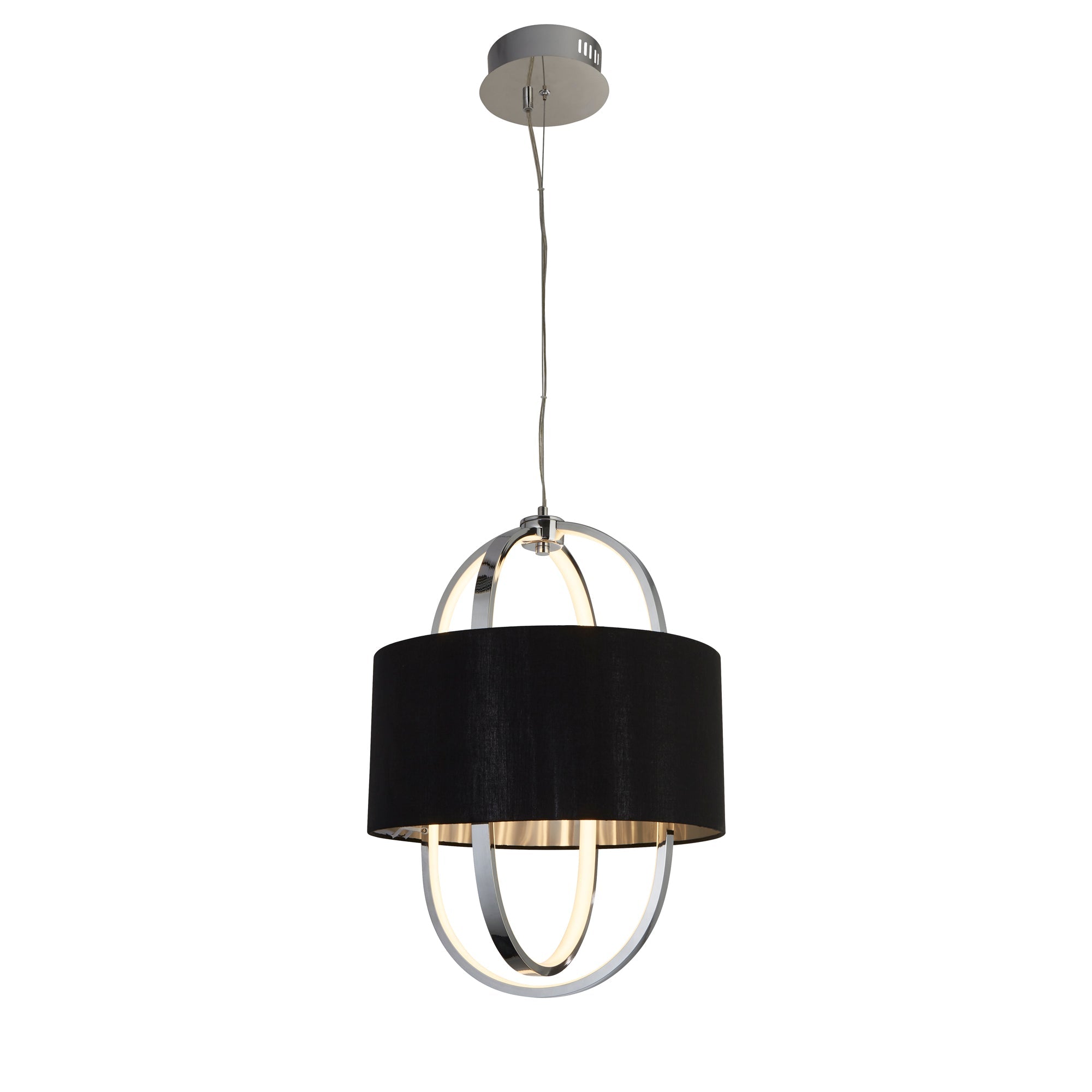 Madrid Pendant - Chrome Metal, Glass & Black Fabric Shade