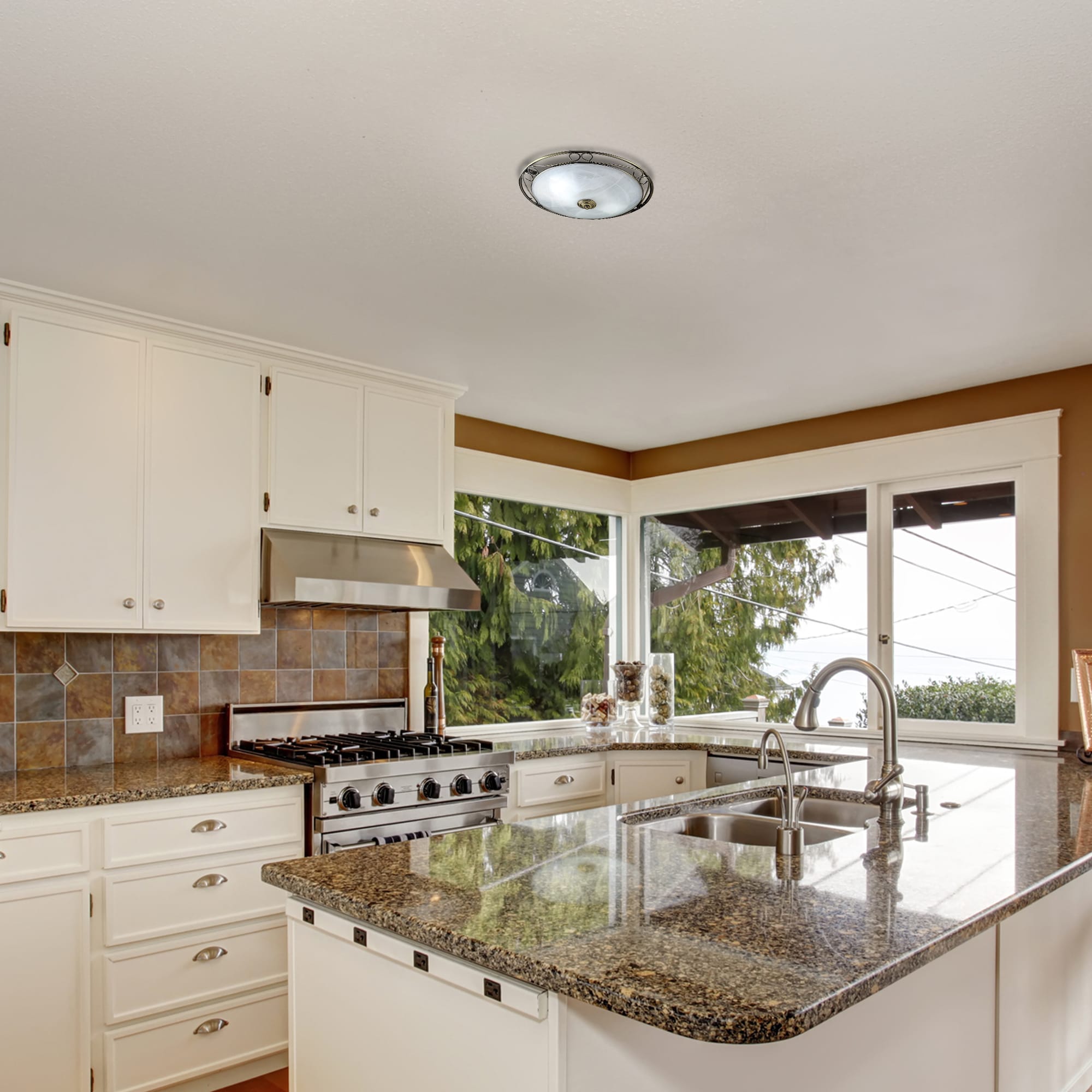 Weybridge Ceiling Flush - Antique Brass & Alabaster Glass