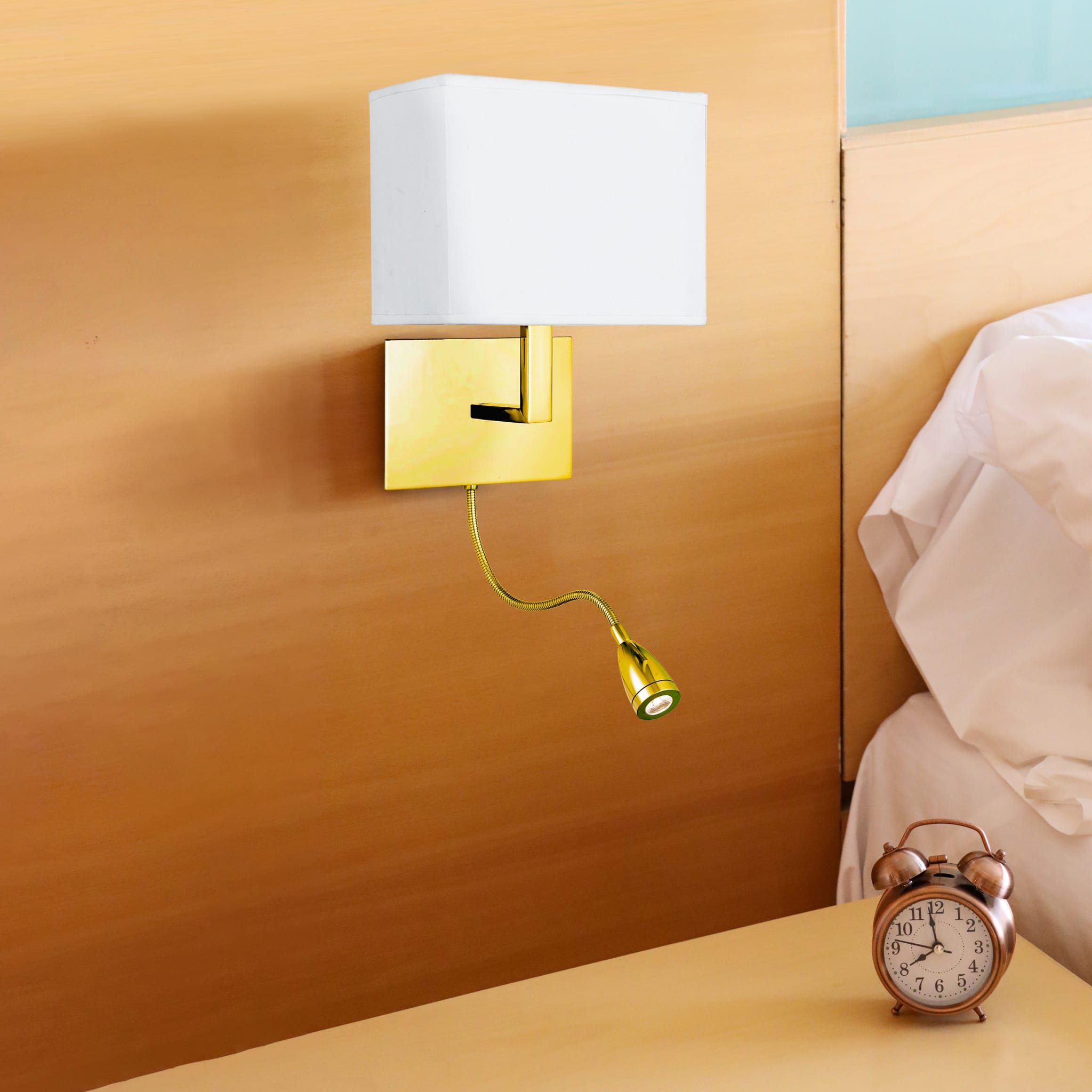 Hotel Wall Light- Satin Brass Metal & White Fabric Shade