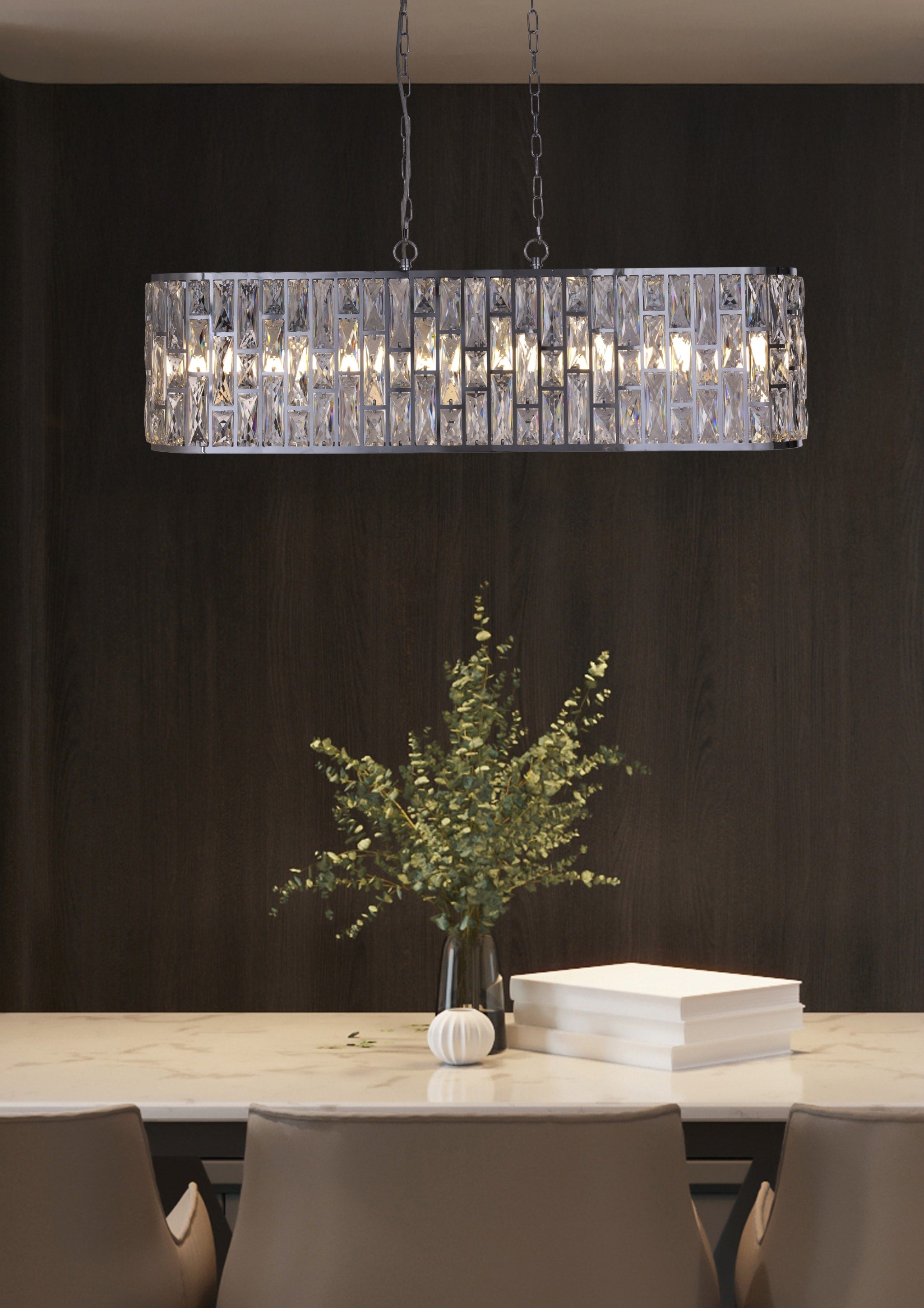 Bijou 8Lt Oval Diner Pendant Chrome Metal & Clear Crystal