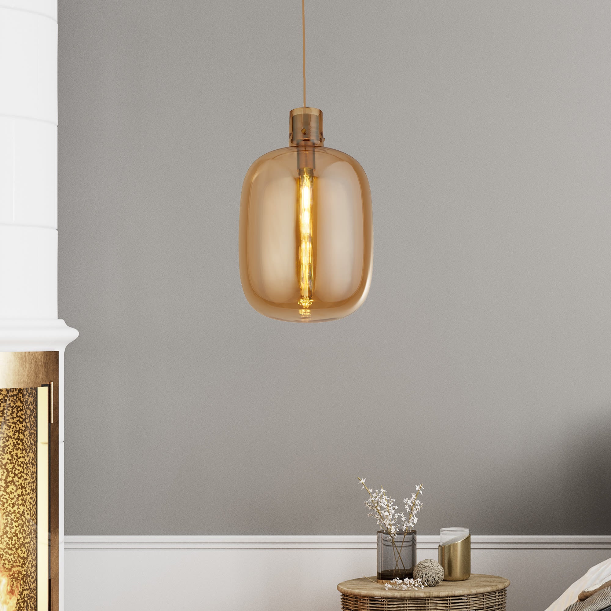 Barrel Pendant - Satin Brass & Amber Glass