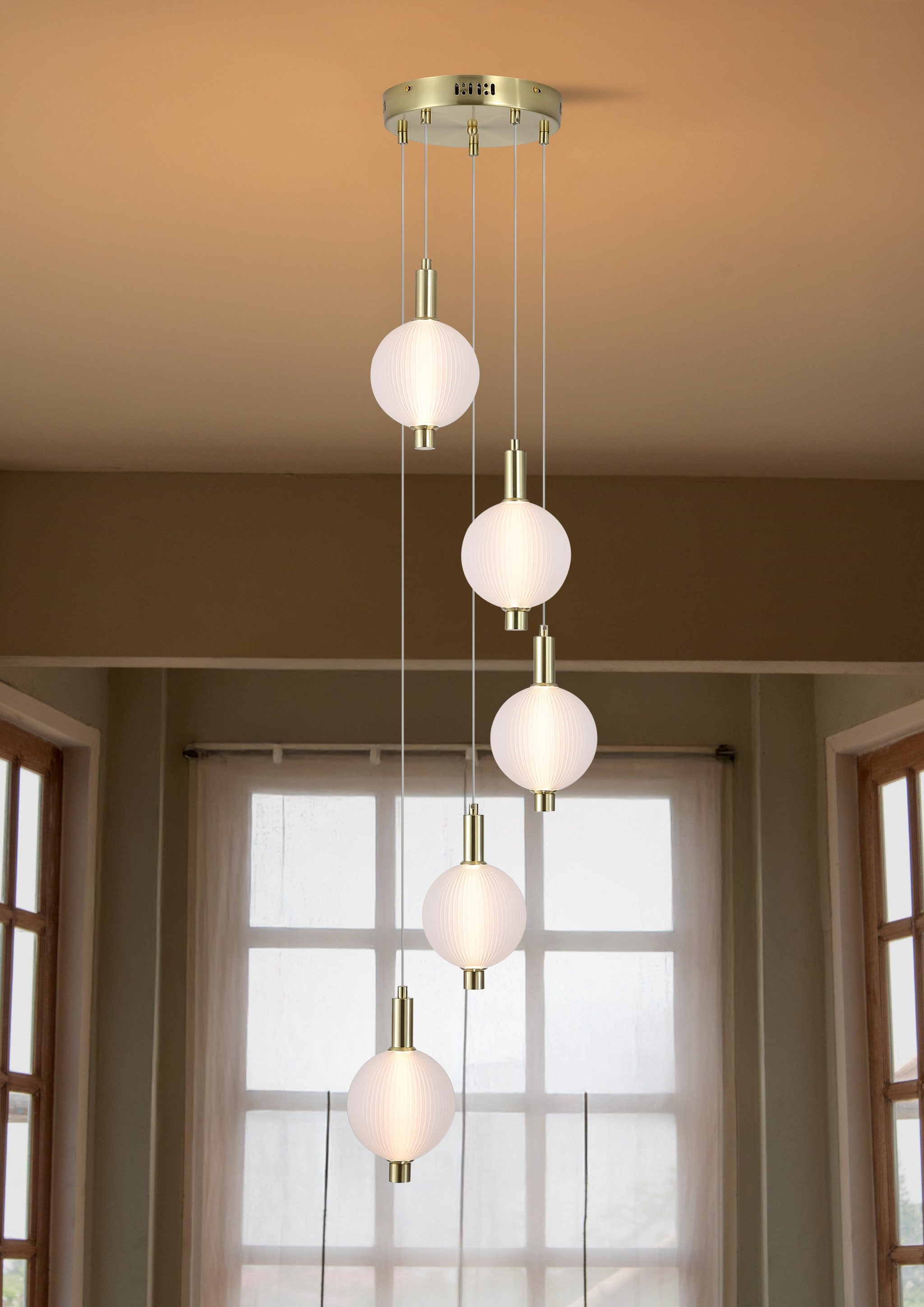 Luminique LED 5Lt Pendant, Satin Brass Metal with Glass