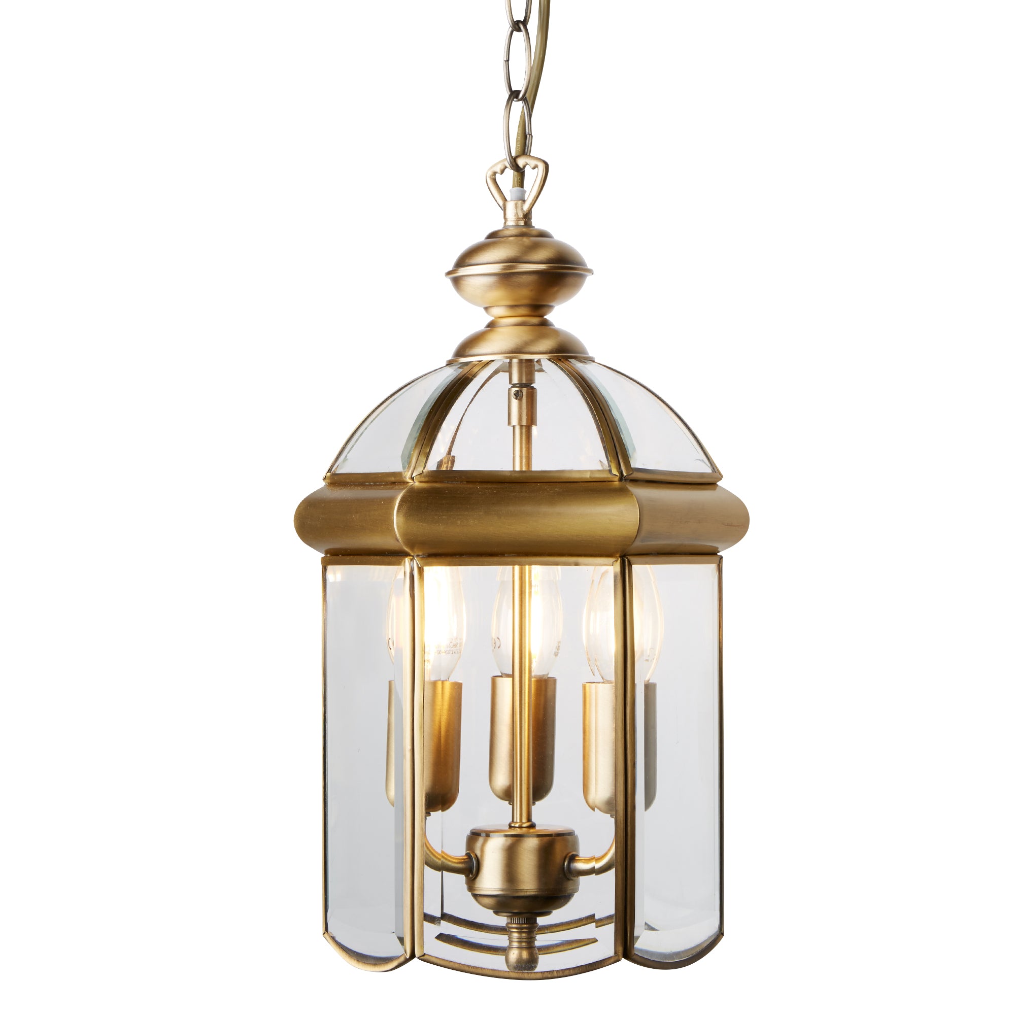 Bevelled Lantern Pendant - Antique Brass Metal & Glass