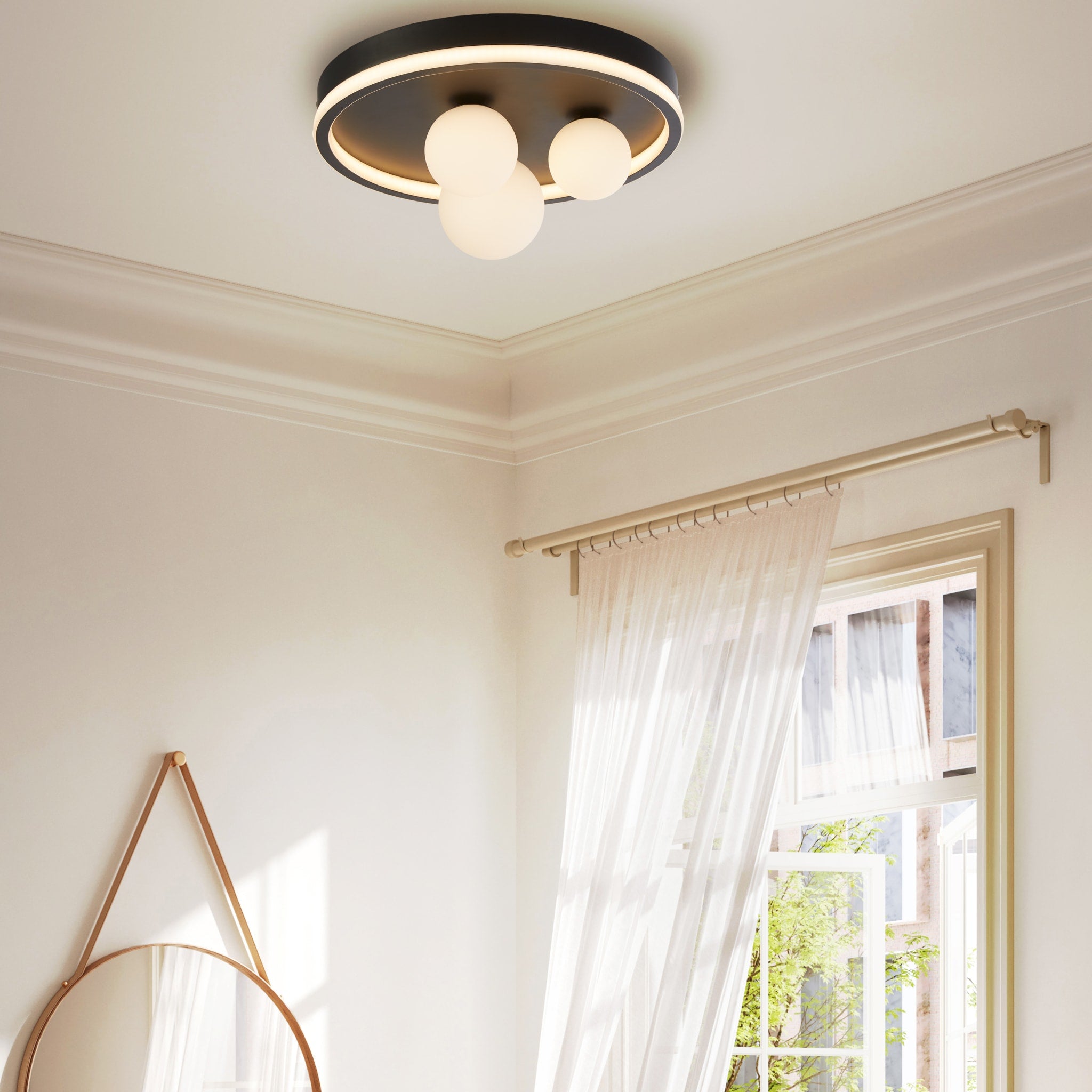 Trident 3Lt LED Flush, Black Metal and Opal Glass Balls